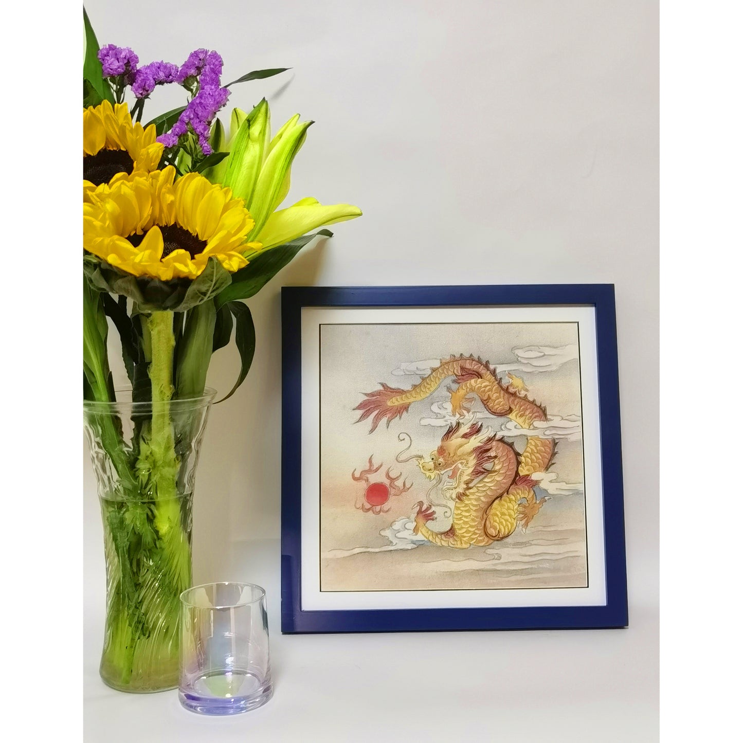 Hand-painted Golden Dragon Playing with Pearl Artwork – Fine Brush Technique, Premium MATT Paper, Natural Wood Frame, Multiple Sizes & Colors