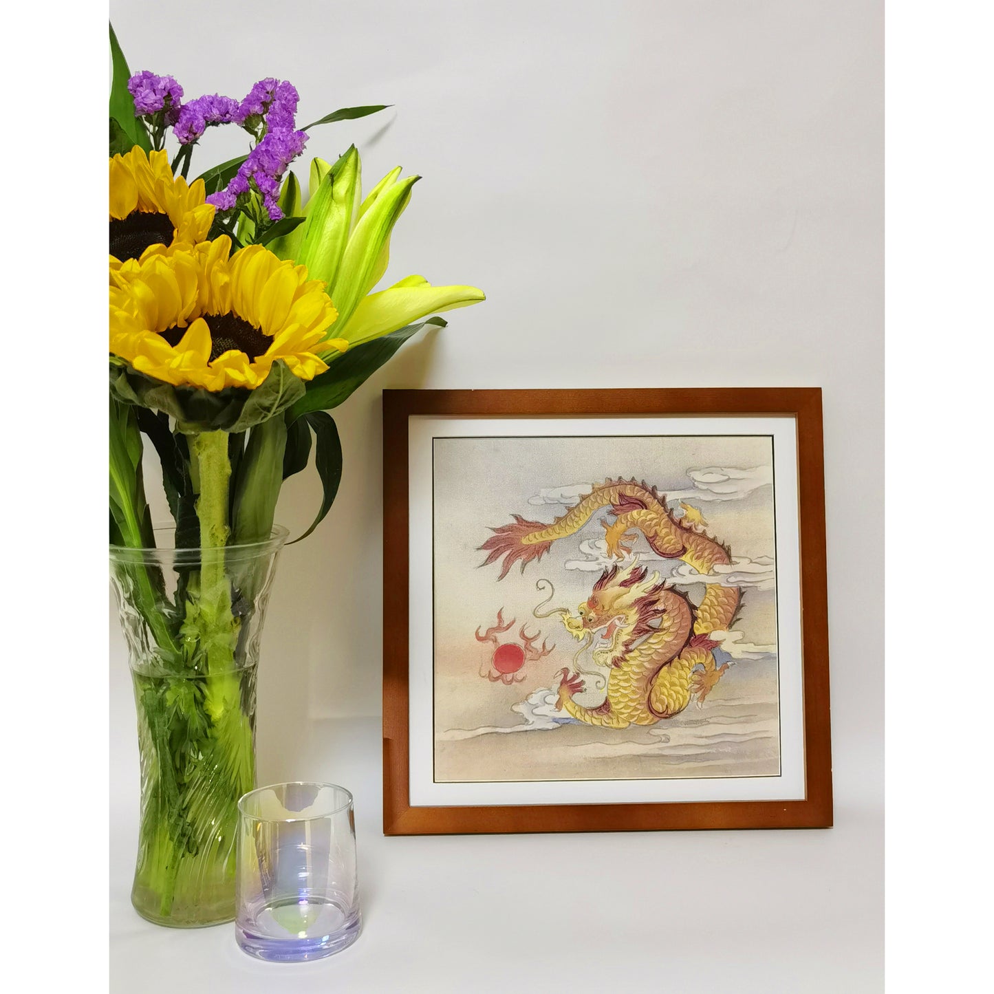 Hand-painted Golden Dragon Playing with Pearl Artwork – Fine Brush Technique, Premium MATT Paper, Natural Wood Frame, Multiple Sizes & Colors