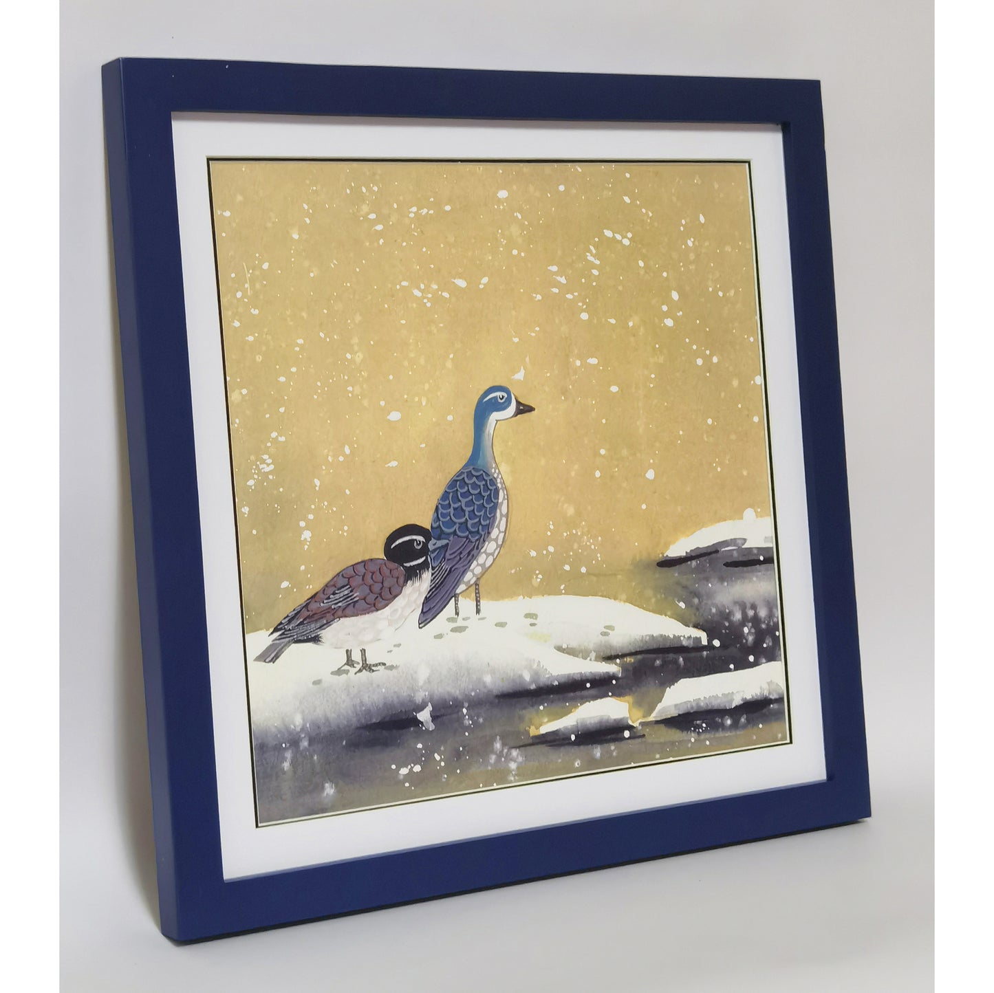 Hand-painted Blue-headed Ducks by the Water Artwork – Watercolor Technique, Premium MATT Paper, Natural Wood Frame, Multiple Sizes & Colors