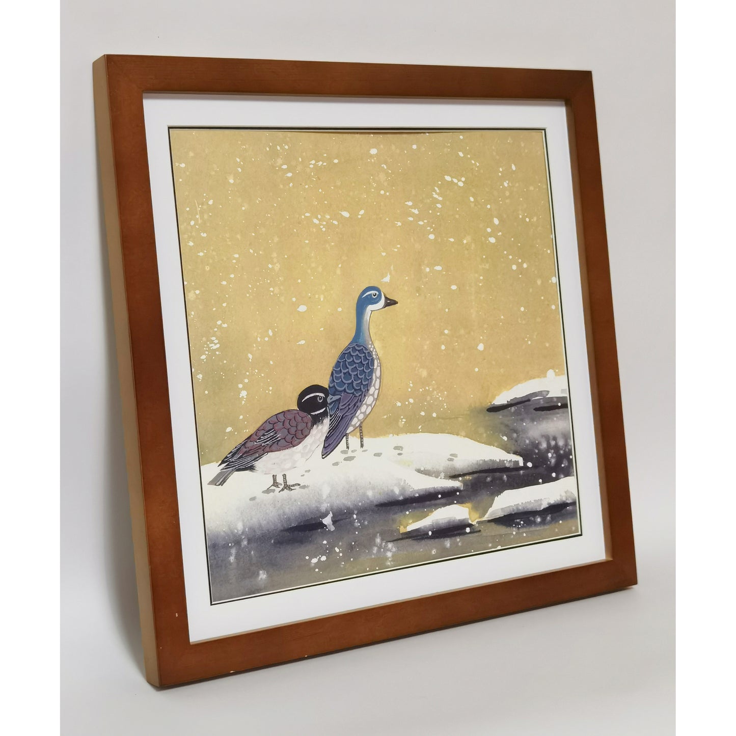 Hand-painted Blue-headed Ducks by the Water Artwork – Watercolor Technique, Premium MATT Paper, Natural Wood Frame, Multiple Sizes & Colors