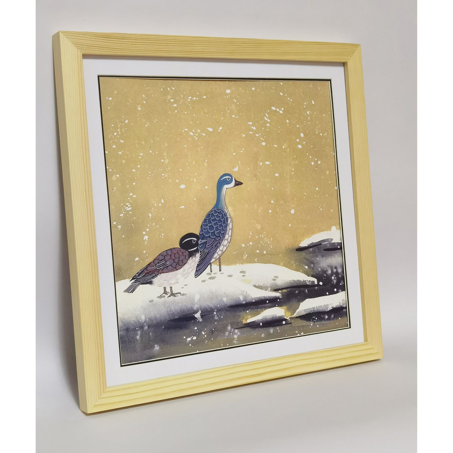Hand-painted Blue-headed Ducks by the Water Artwork – Watercolor Technique, Premium MATT Paper, Natural Wood Frame, Multiple Sizes & Colors
