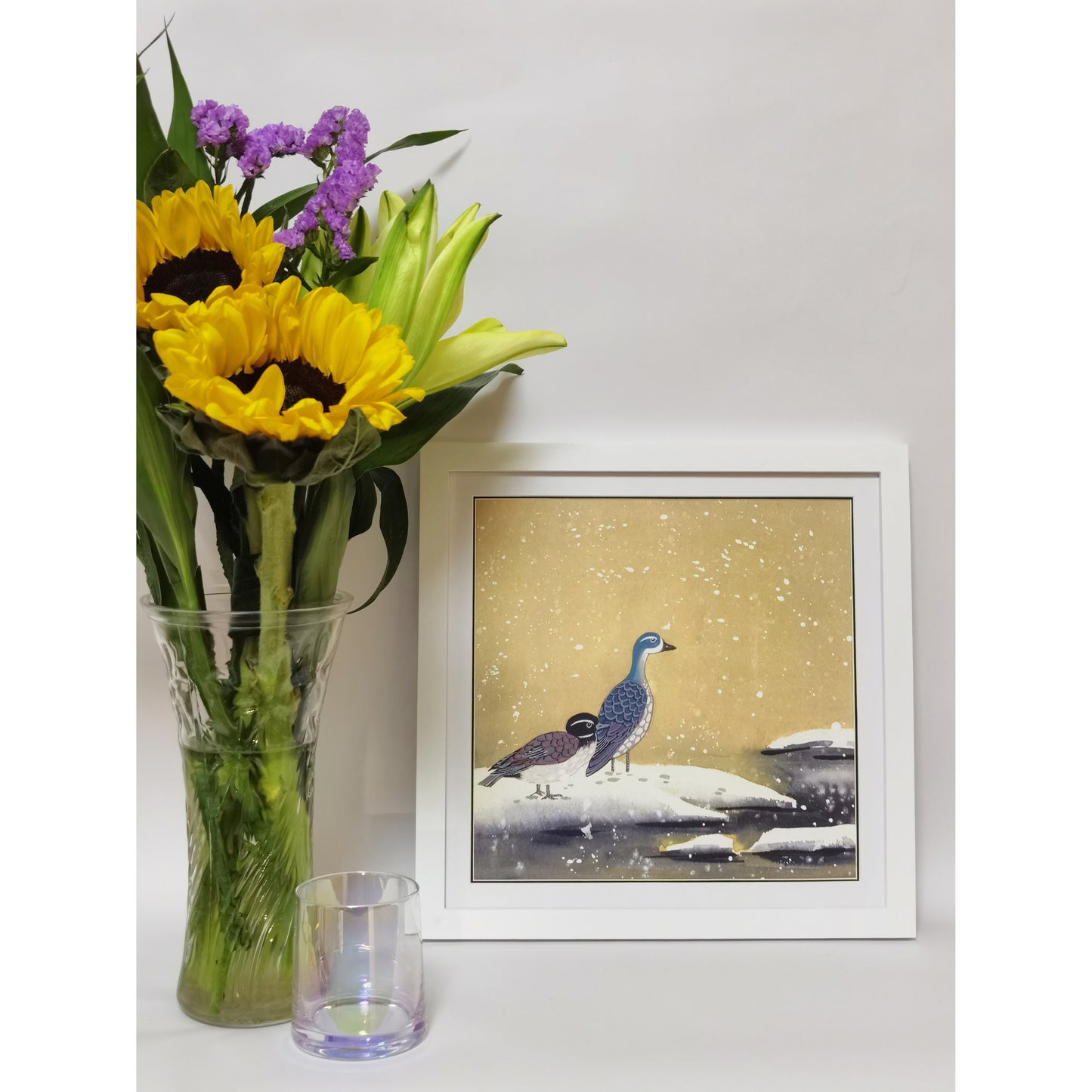 Hand-painted Blue-headed Ducks by the Water Artwork – Watercolor Technique, Premium MATT Paper, Natural Wood Frame, Multiple Sizes & Colors