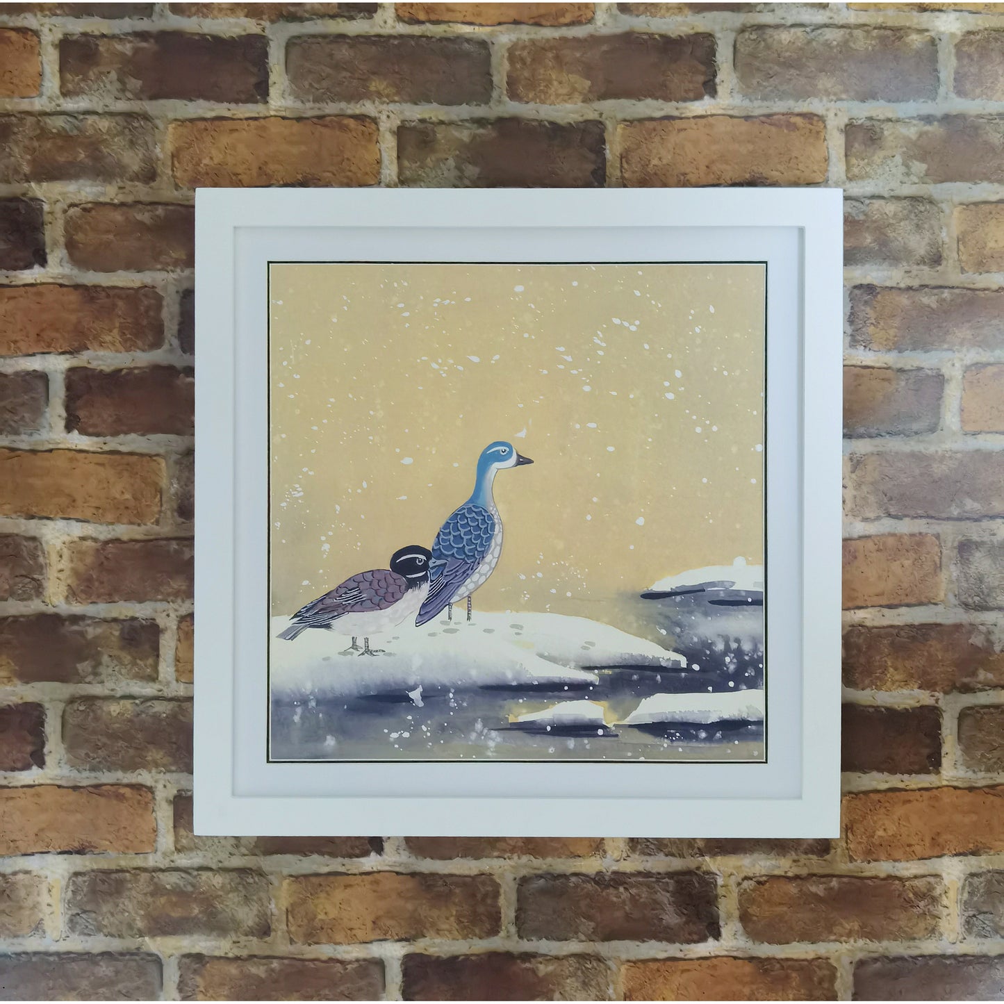 Hand-painted Blue-headed Ducks by the Water Artwork – Watercolor Technique, Premium MATT Paper, Natural Wood Frame, Multiple Sizes & Colors