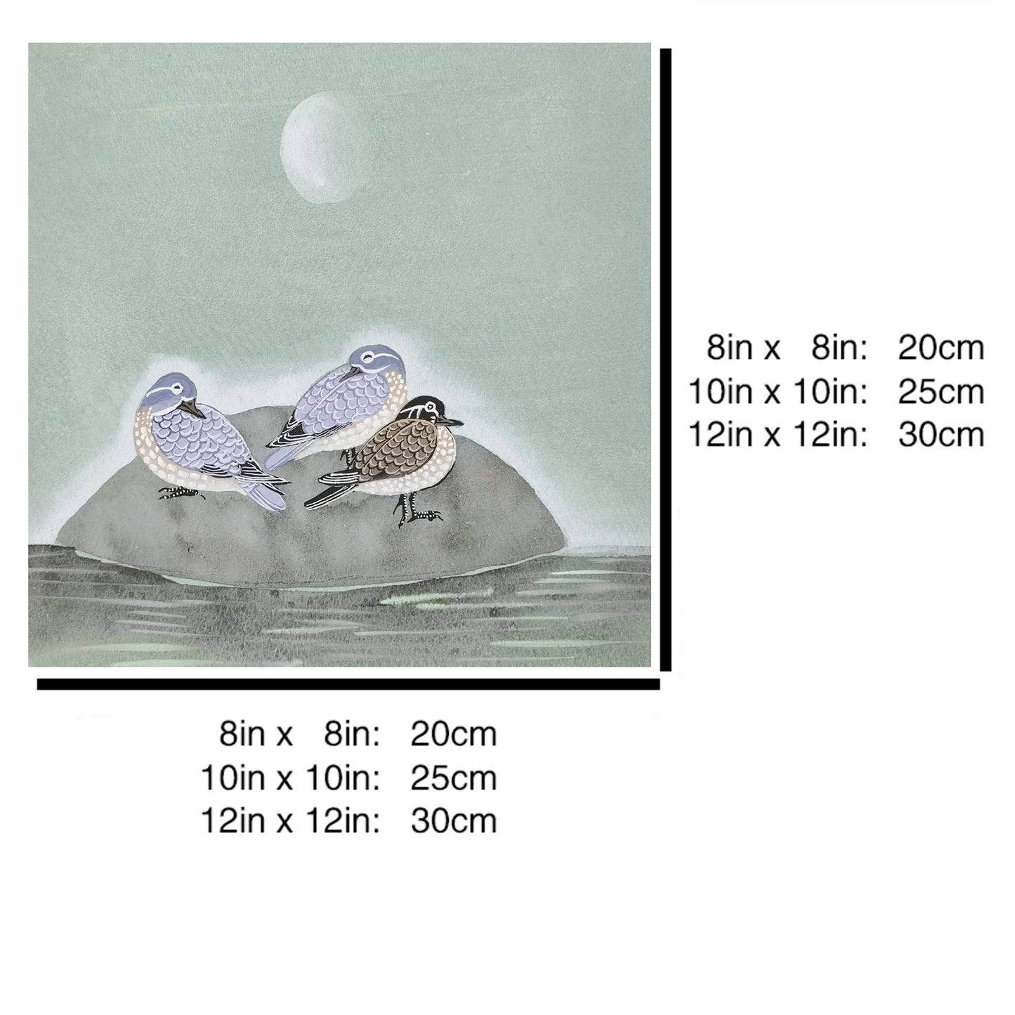 Hand-painted Waterbirds on Rock in Moonlit Night – Watercolor Art Print, Premium MATT Paper, Natural Wood Frame, Custom Sizes & Colors