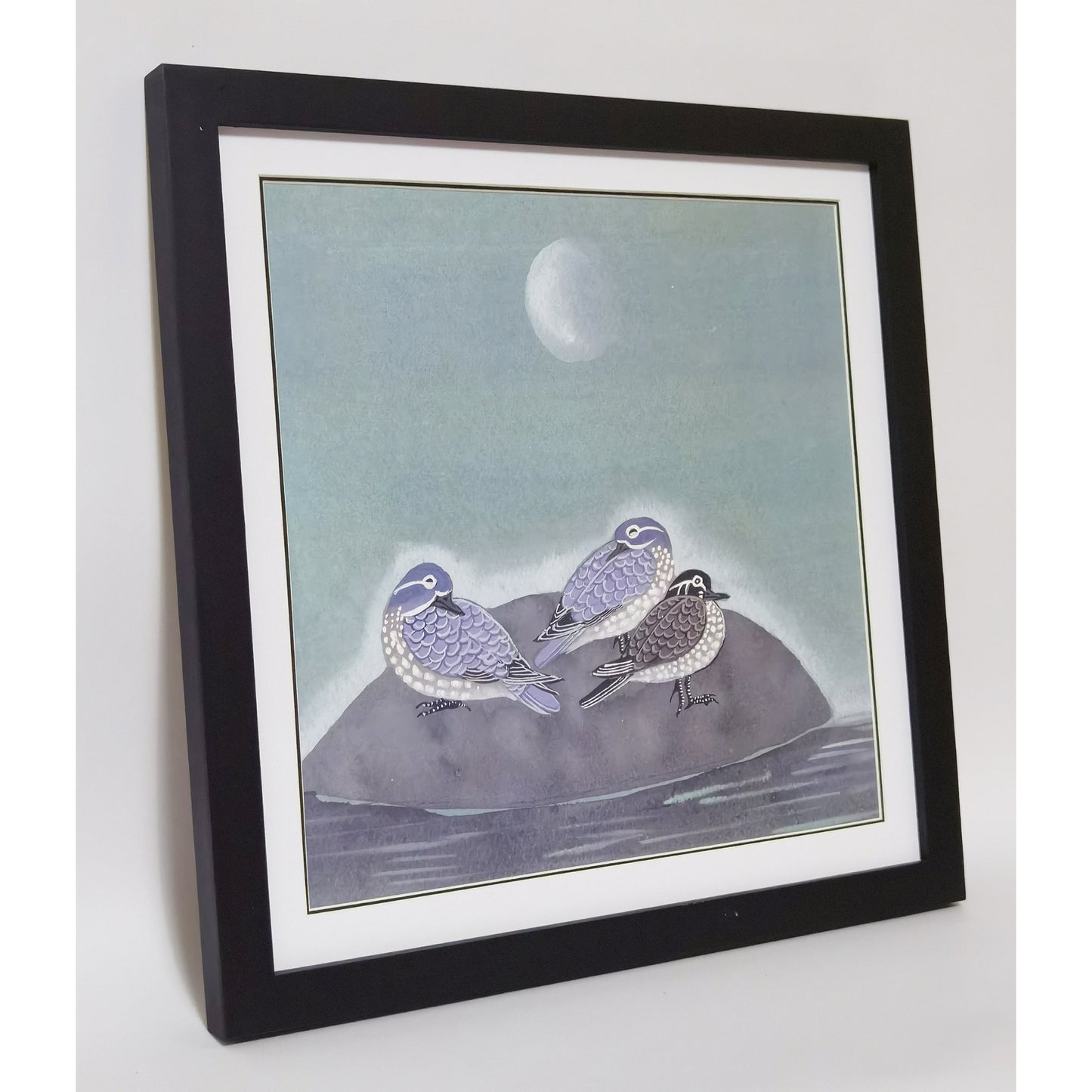 Hand-painted Waterbirds on Rock in Moonlit Night – Watercolor Art Print, Premium MATT Paper, Natural Wood Frame, Custom Sizes & Colors