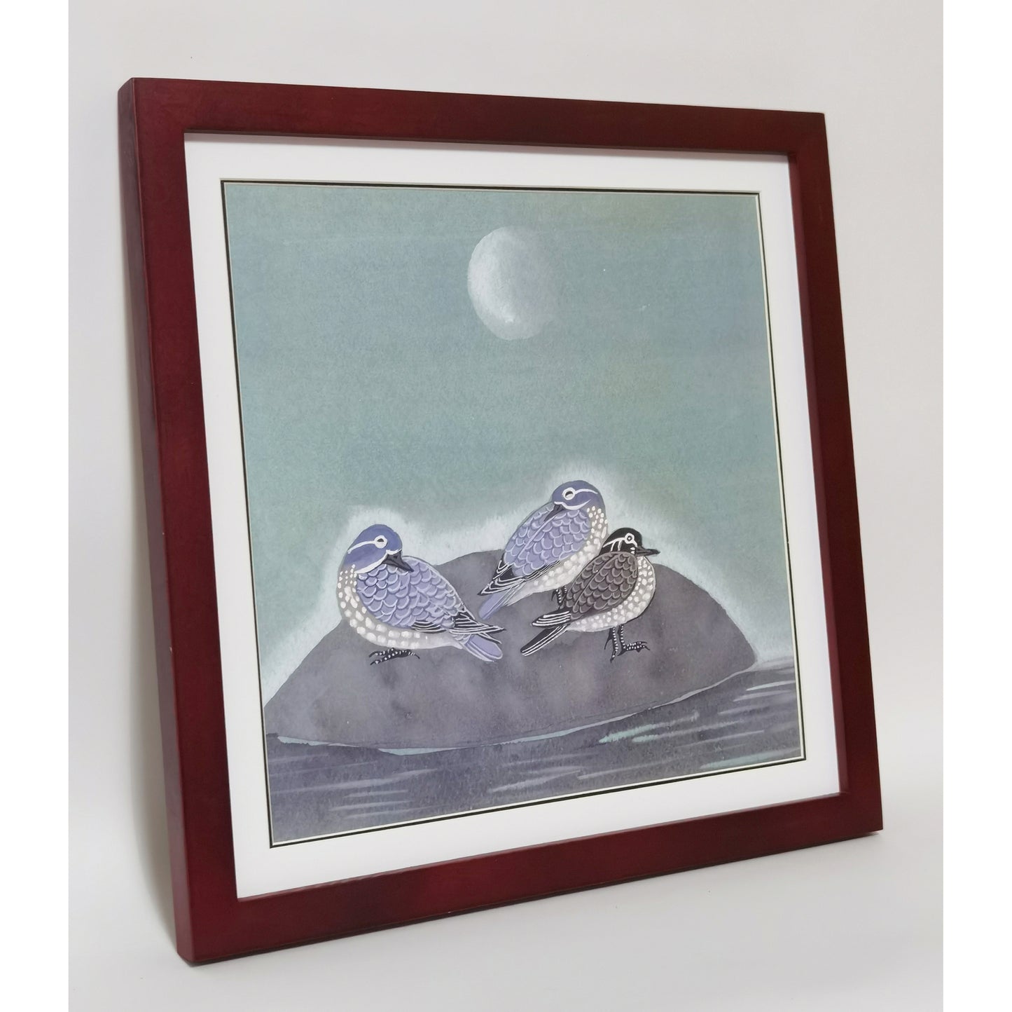 Hand-painted Waterbirds on Rock in Moonlit Night – Watercolor Art Print, Premium MATT Paper, Natural Wood Frame, Custom Sizes & Colors