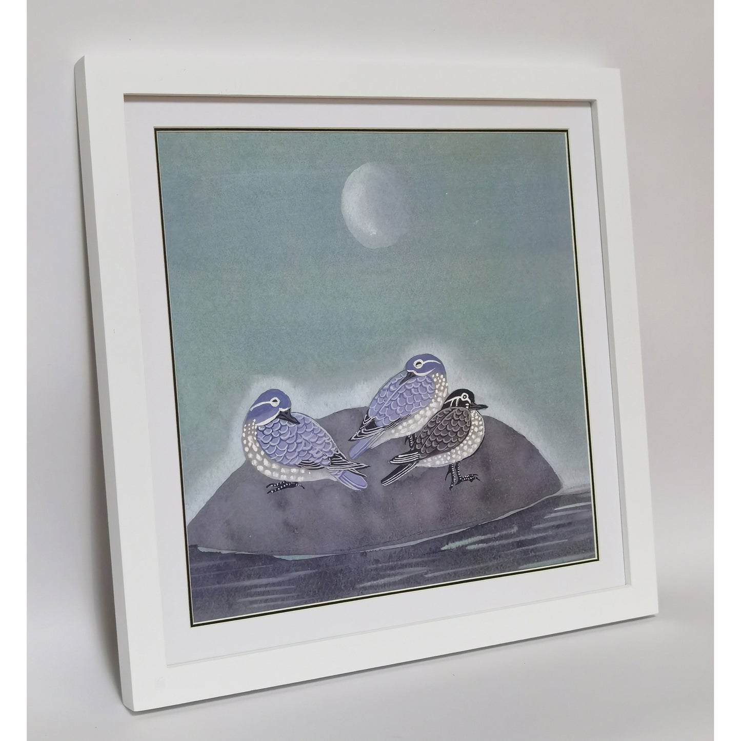 Hand-painted Waterbirds on Rock in Moonlit Night – Watercolor Art Print, Premium MATT Paper, Natural Wood Frame, Custom Sizes & Colors