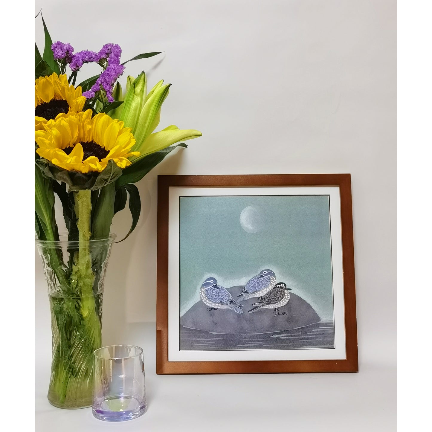 Hand-painted Waterbirds on Rock in Moonlit Night – Watercolor Art Print, Premium MATT Paper, Natural Wood Frame, Custom Sizes & Colors