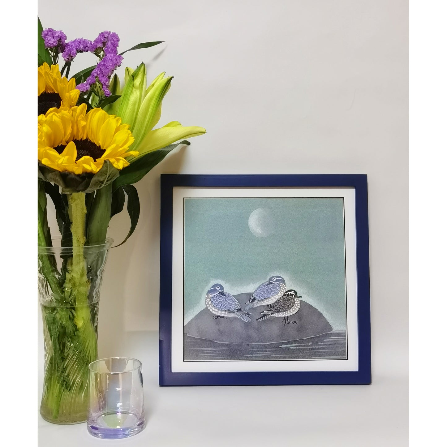 Hand-painted Waterbirds on Rock in Moonlit Night – Watercolor Art Print, Premium MATT Paper, Natural Wood Frame, Custom Sizes & Colors