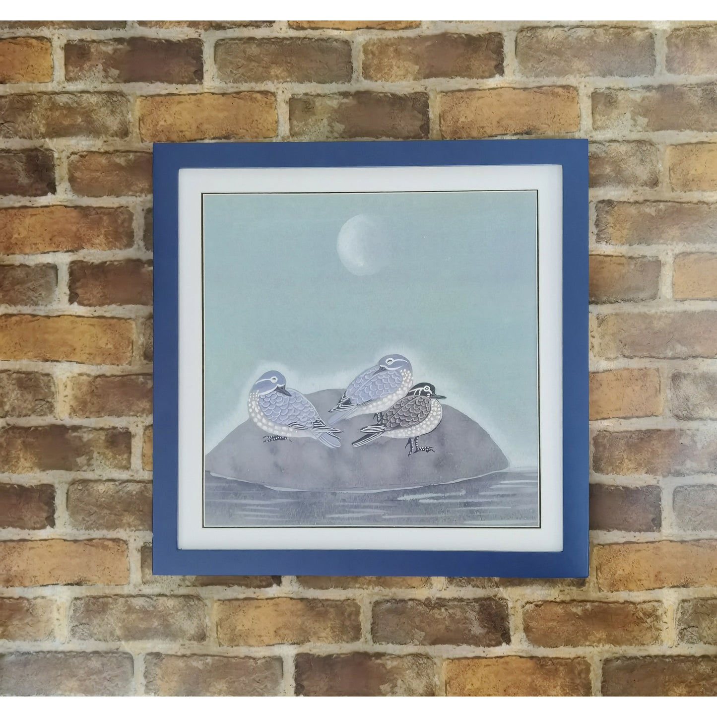 Hand-painted Waterbirds on Rock in Moonlit Night – Watercolor Art Print, Premium MATT Paper, Natural Wood Frame, Custom Sizes & Colors