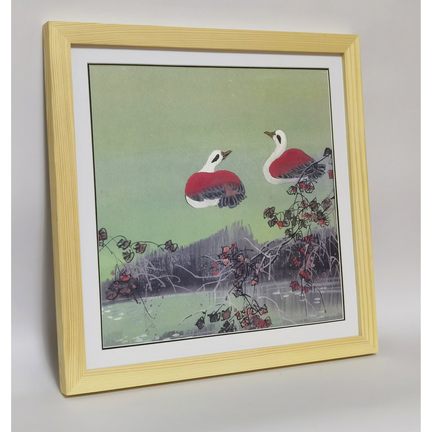 Hand-painted Mandarin Ducks Perched by Pond Artwork – Watercolor Technique, Premium MATT Paper, Natural Wood Frame, Multiple Sizes & Colors