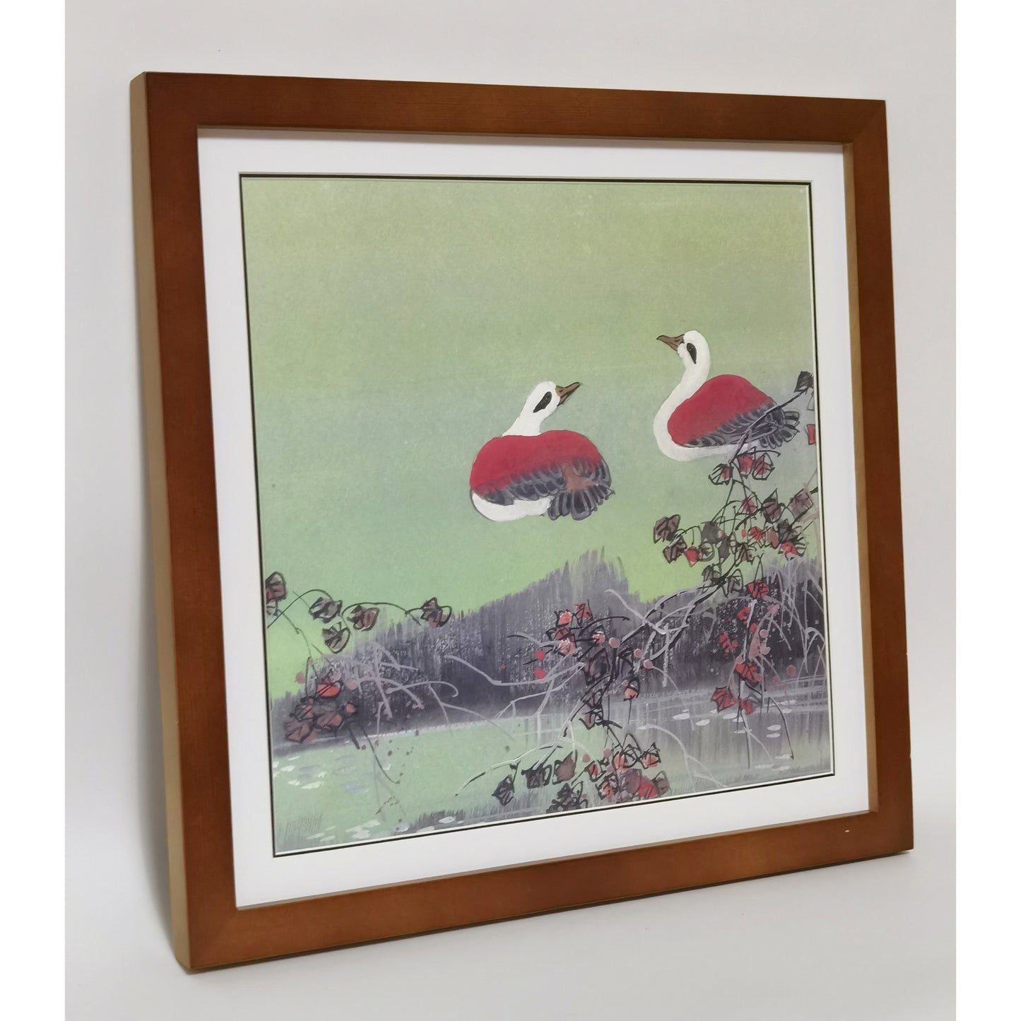 Hand-painted Mandarin Ducks Perched by Pond Artwork – Watercolor Technique, Premium MATT Paper, Natural Wood Frame, Multiple Sizes & Colors