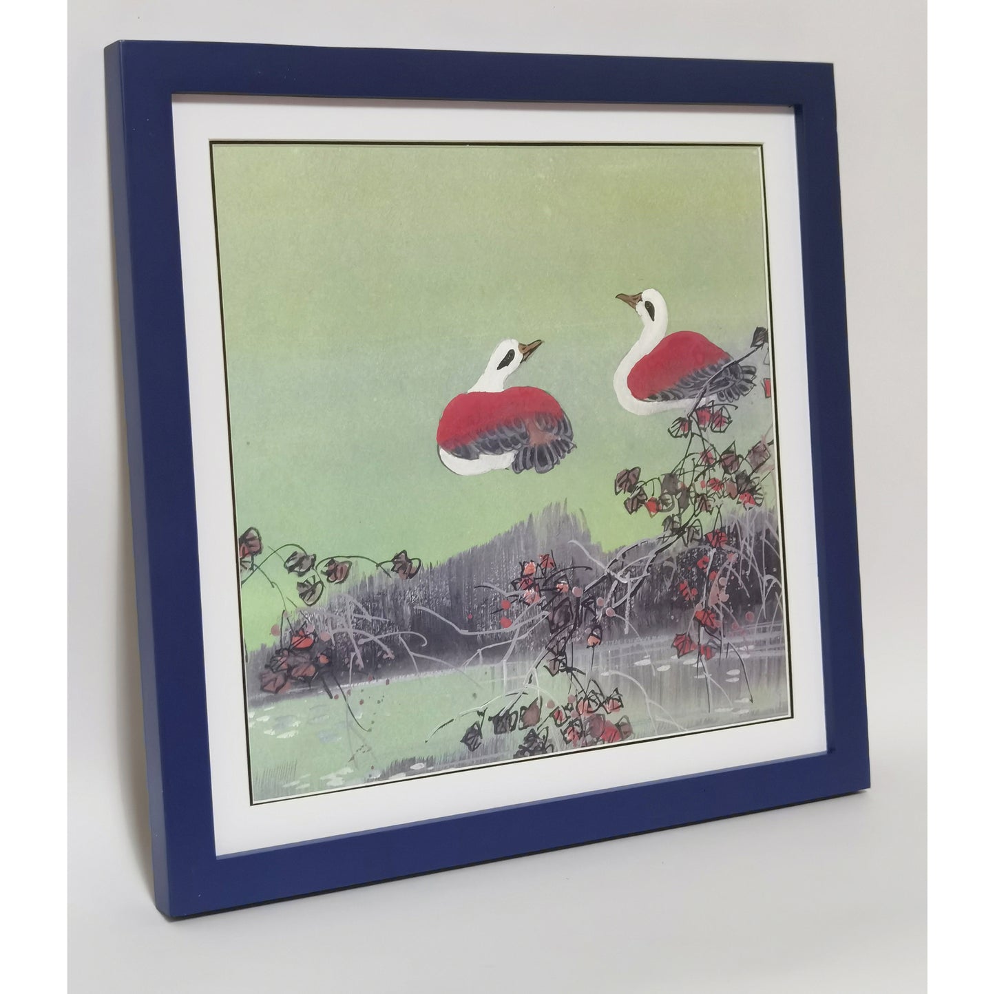 Hand-painted Mandarin Ducks Perched by Pond Artwork – Watercolor Technique, Premium MATT Paper, Natural Wood Frame, Multiple Sizes & Colors