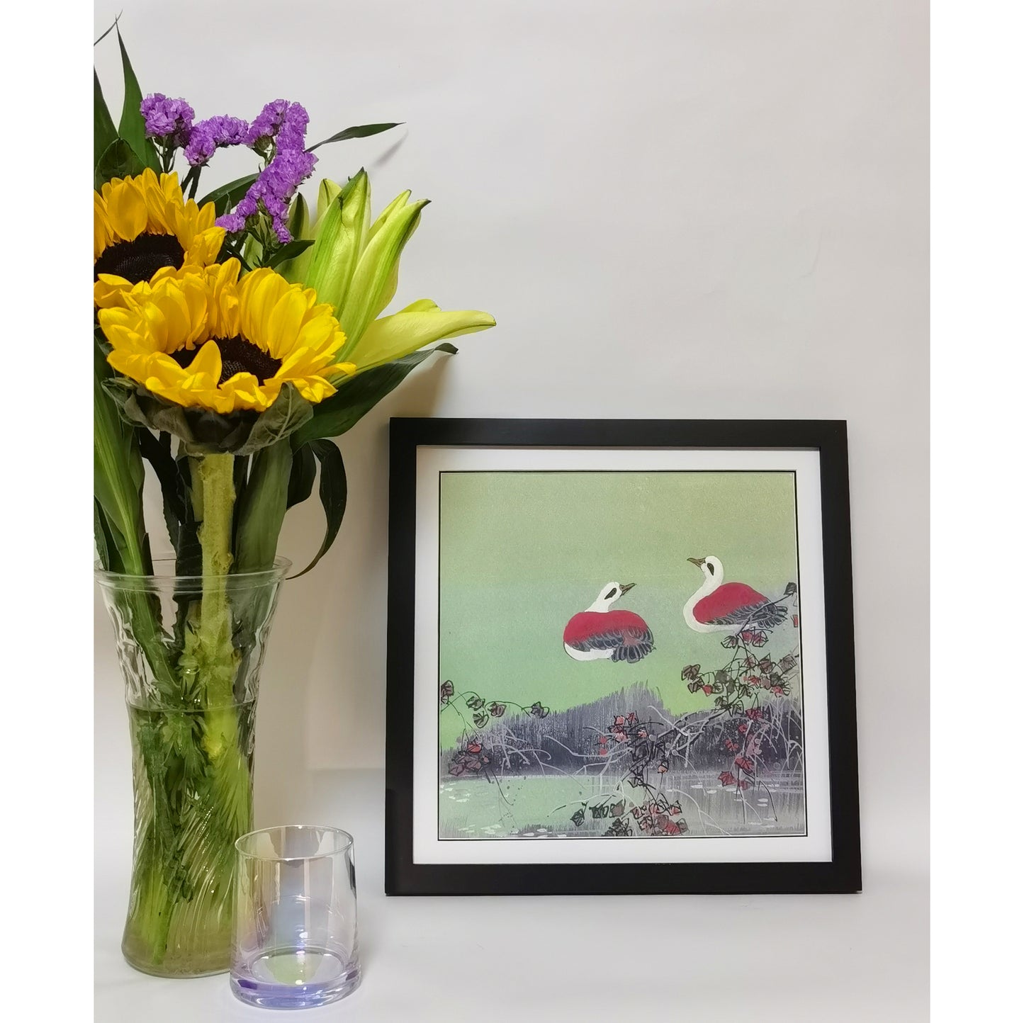Hand-painted Mandarin Ducks Perched by Pond Artwork – Watercolor Technique, Premium MATT Paper, Natural Wood Frame, Multiple Sizes & Colors