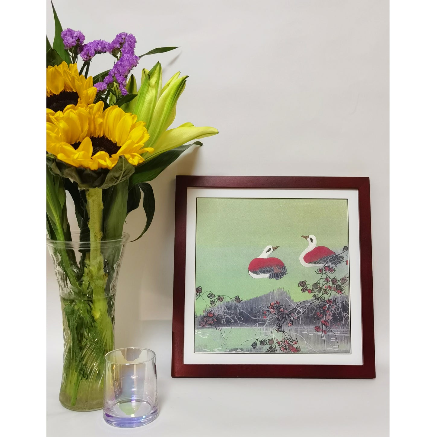 Hand-painted Mandarin Ducks Perched by Pond Artwork – Watercolor Technique, Premium MATT Paper, Natural Wood Frame, Multiple Sizes & Colors