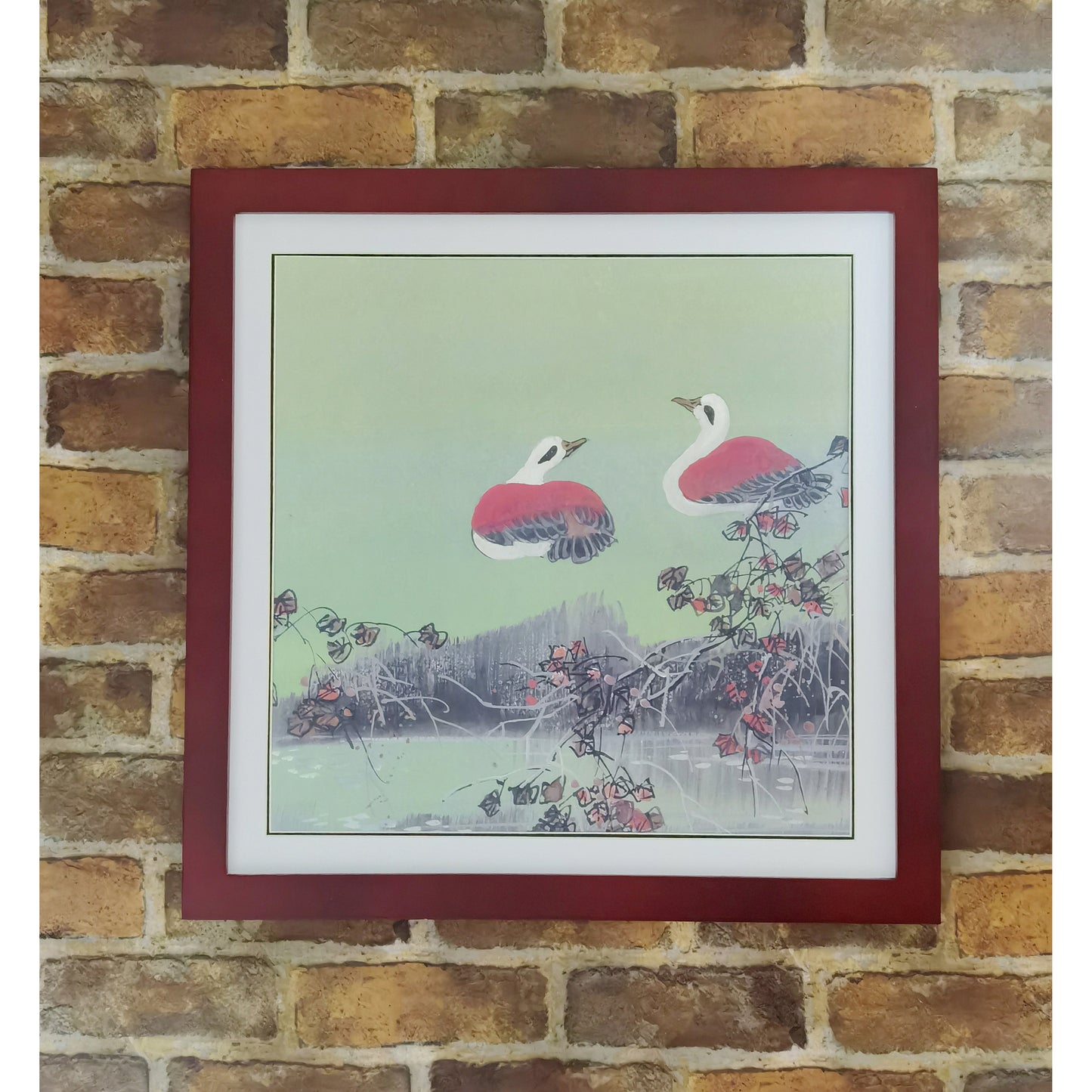 Hand-painted Mandarin Ducks Perched by Pond Artwork – Watercolor Technique, Premium MATT Paper, Natural Wood Frame, Multiple Sizes & Colors