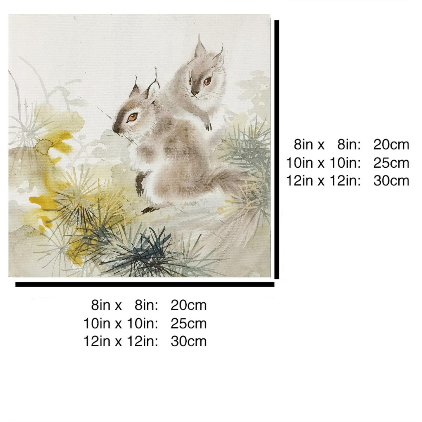 Hand-painted Squirrel Pair in Pine Forest Artwork – Fine Brush Technique, Premium MATT Paper, Natural Wood Frame, Multiple Sizes & Colors