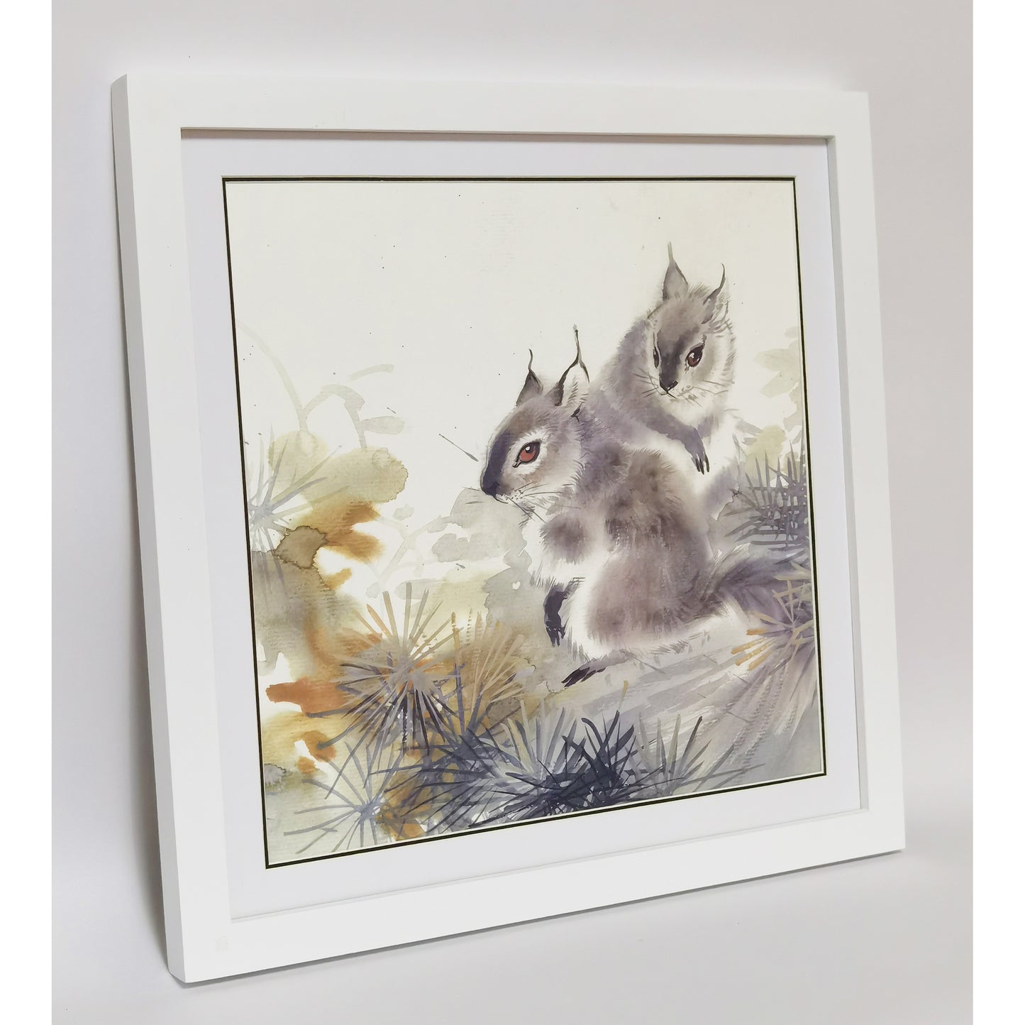 Hand-painted Squirrel Pair in Pine Forest Artwork – Fine Brush Technique, Premium MATT Paper, Natural Wood Frame, Multiple Sizes & Colors