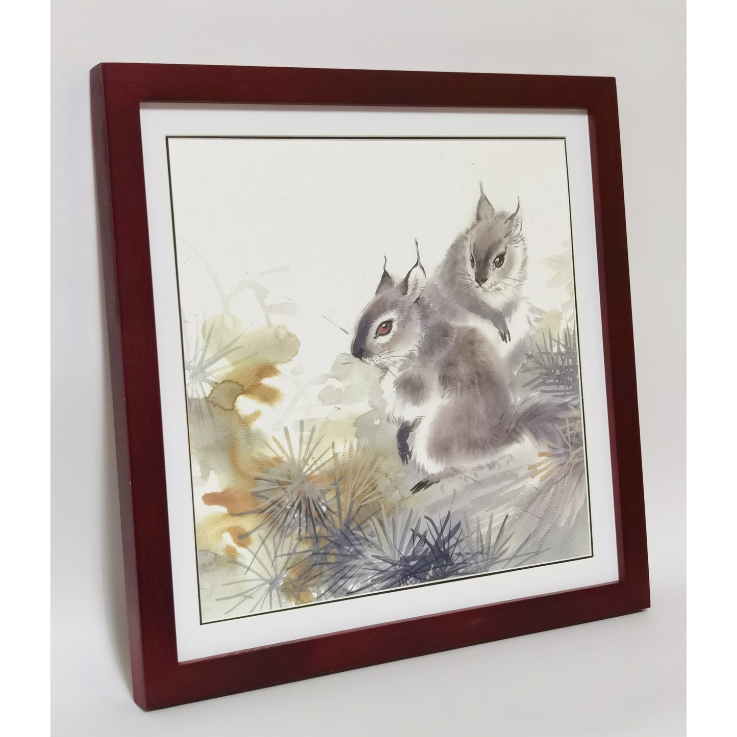Hand-painted Squirrel Pair in Pine Forest Artwork – Fine Brush Technique, Premium MATT Paper, Natural Wood Frame, Multiple Sizes & Colors