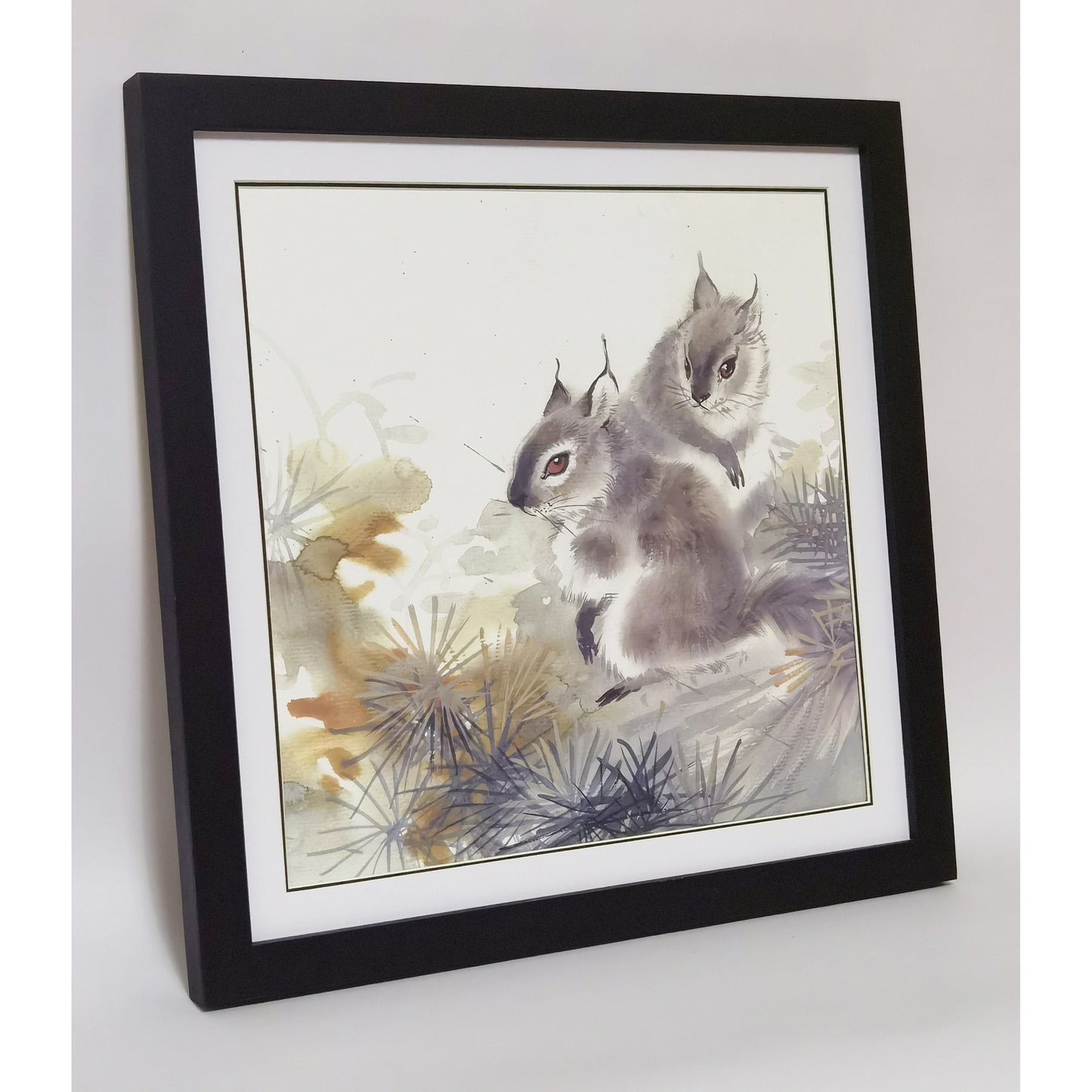 Hand-painted Squirrel Pair in Pine Forest Artwork – Fine Brush Technique, Premium MATT Paper, Natural Wood Frame, Multiple Sizes & Colors