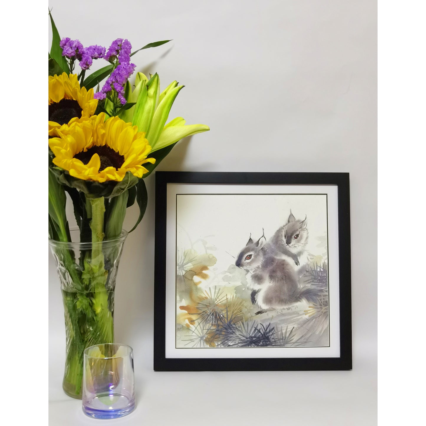 Hand-painted Squirrel Pair in Pine Forest Artwork – Fine Brush Technique, Premium MATT Paper, Natural Wood Frame, Multiple Sizes & Colors