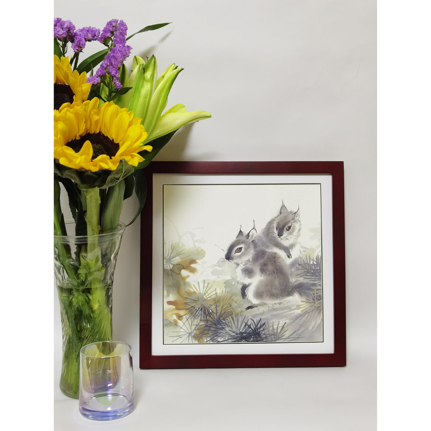 Hand-painted Squirrel Pair in Pine Forest Artwork – Fine Brush Technique, Premium MATT Paper, Natural Wood Frame, Multiple Sizes & Colors