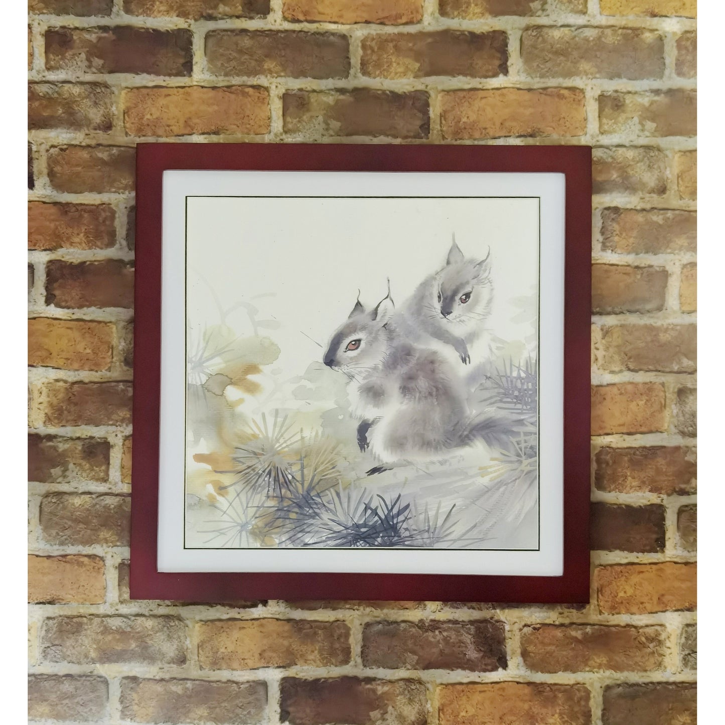 Hand-painted Squirrel Pair in Pine Forest Artwork – Fine Brush Technique, Premium MATT Paper, Natural Wood Frame, Multiple Sizes & Colors