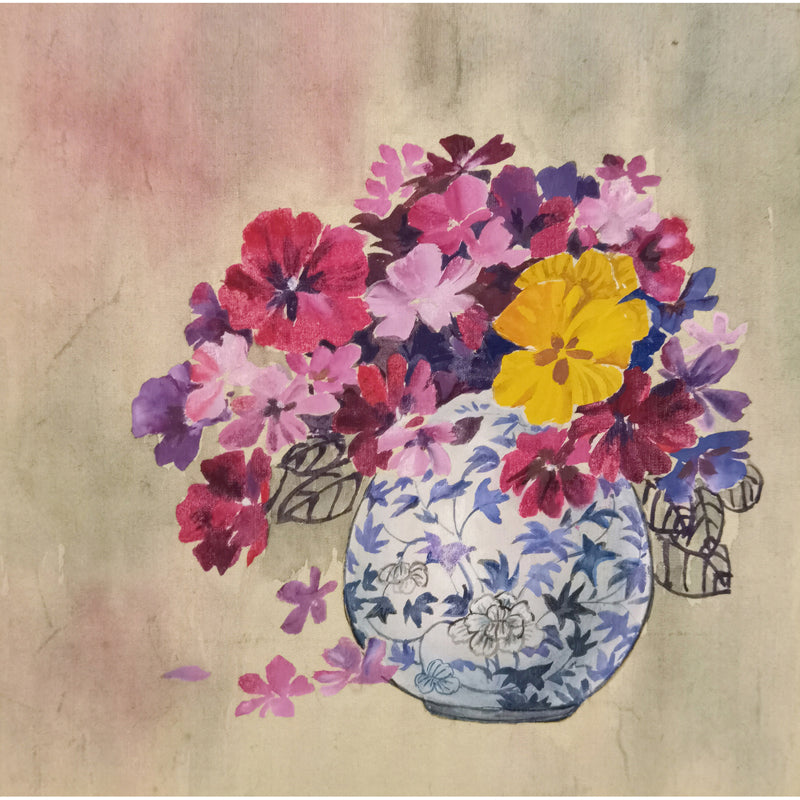 Hand-painted Blue and White Porcelain Vase with Colorful Chrysanthemums – Fine Brush Technique, Premium MATT Paper, Natural Wood Frame, Custom Sizes & Colors