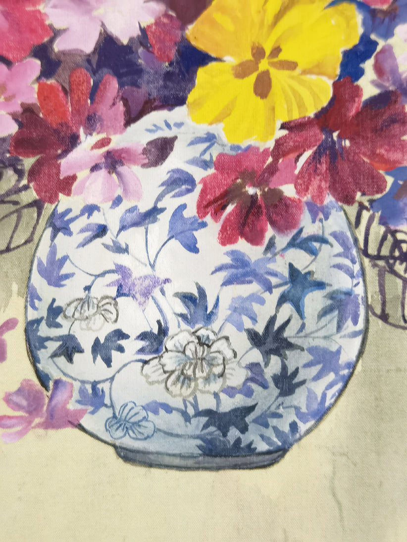 Blue&White Porcelain Vase Perception Handmade Art Printing Daisy Flowers with Wood Frame