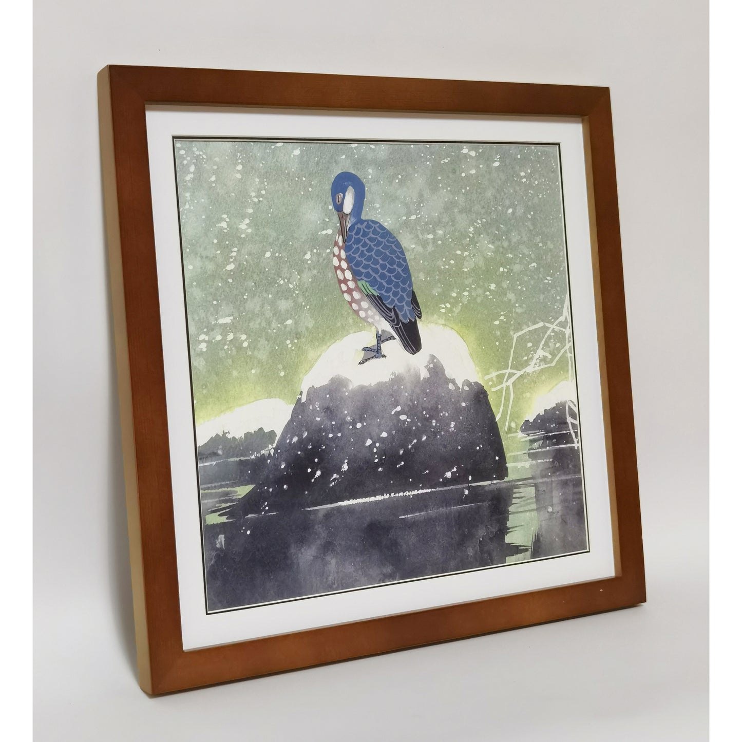 Hand-painted Reed Duck in Snowy Scene – Watercolor Art Print, Premium MATT Paper, Natural Wood Frame, Custom Sizes & Colors