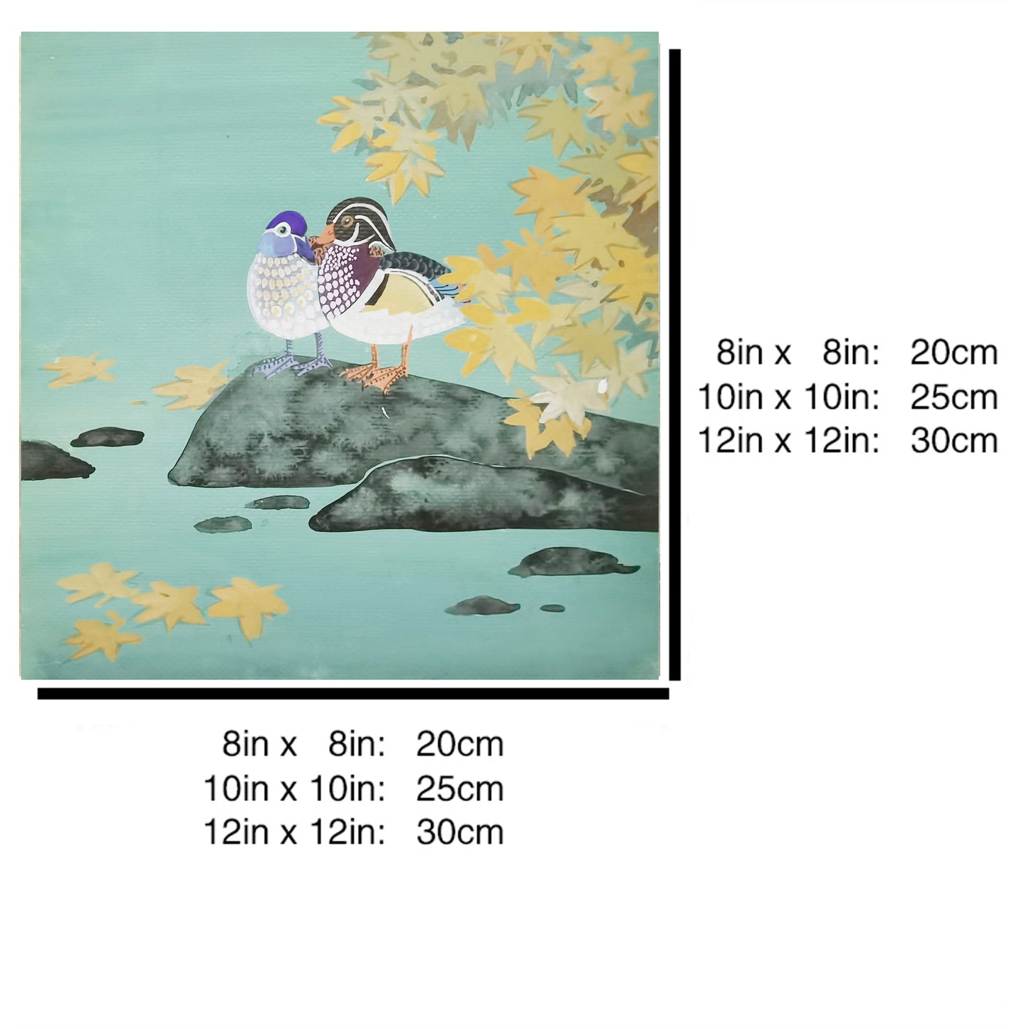 Hand-painted Mandarin Ducks Under Maple Tree – Watercolor Art Print, Premium MATT Paper, Natural Wood Frame, Custom Sizes & Colors
