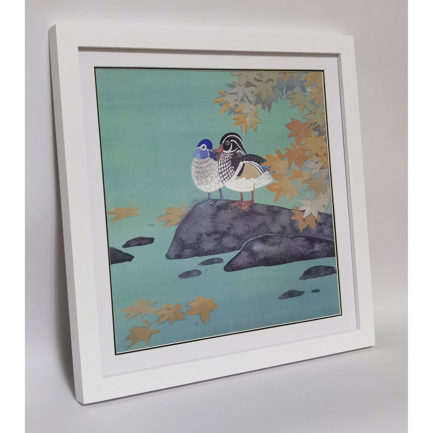 Hand-painted Mandarin Ducks Under Maple Tree – Watercolor Art Print, Premium MATT Paper, Natural Wood Frame, Custom Sizes & Colors