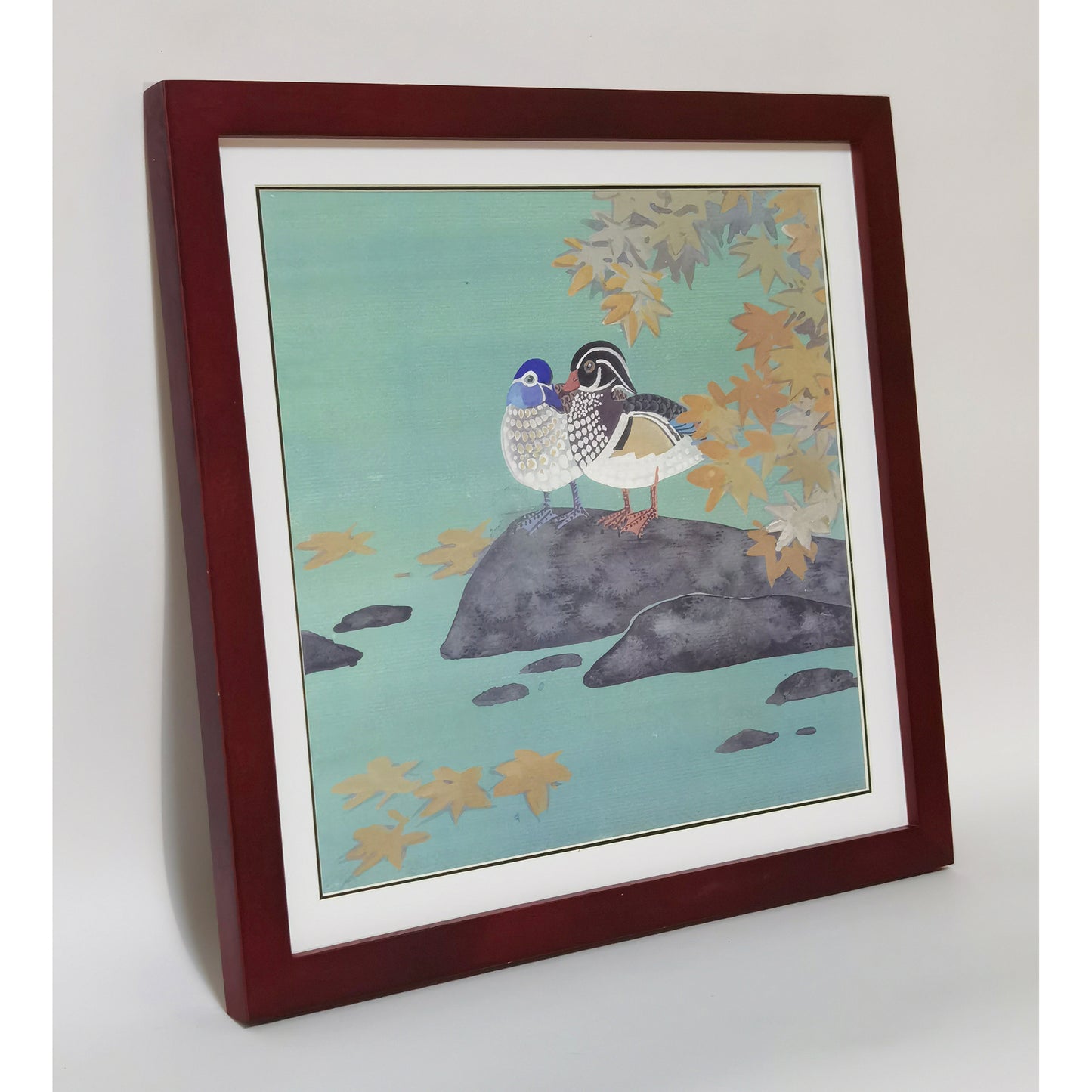 Hand-painted Mandarin Ducks Under Maple Tree – Watercolor Art Print, Premium MATT Paper, Natural Wood Frame, Custom Sizes & Colors