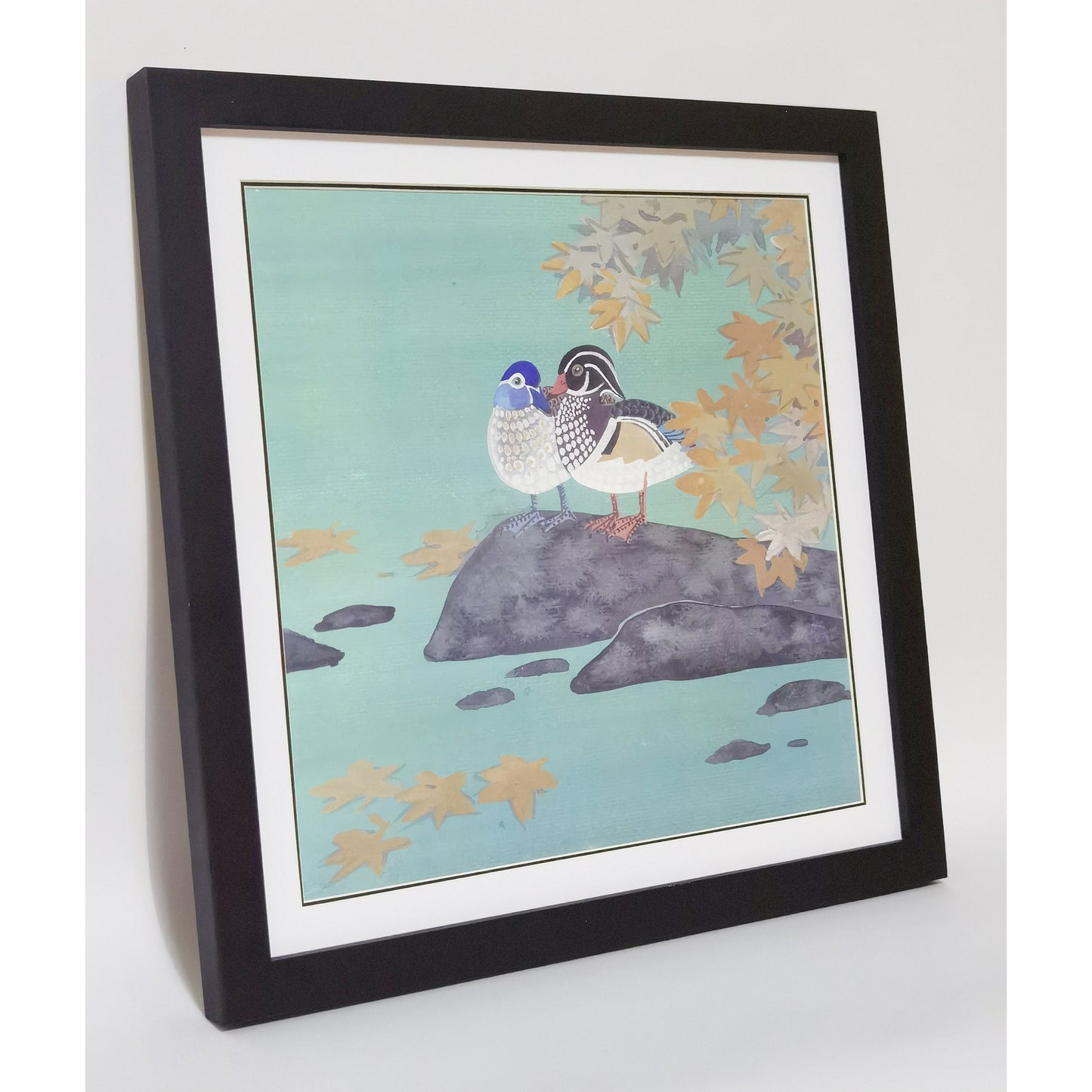 Hand-painted Mandarin Ducks Under Maple Tree – Watercolor Art Print, Premium MATT Paper, Natural Wood Frame, Custom Sizes & Colors