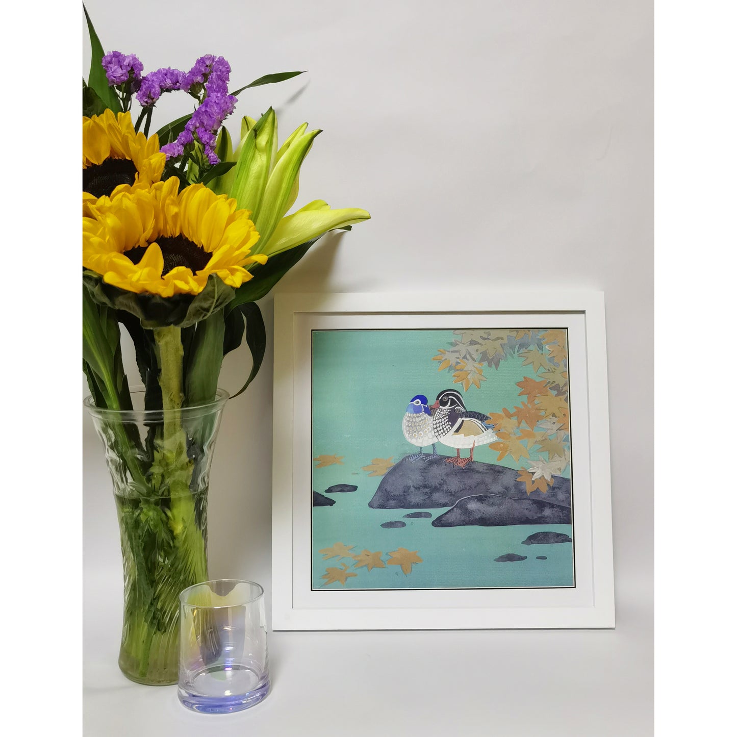 Hand-painted Mandarin Ducks Under Maple Tree – Watercolor Art Print, Premium MATT Paper, Natural Wood Frame, Custom Sizes & Colors
