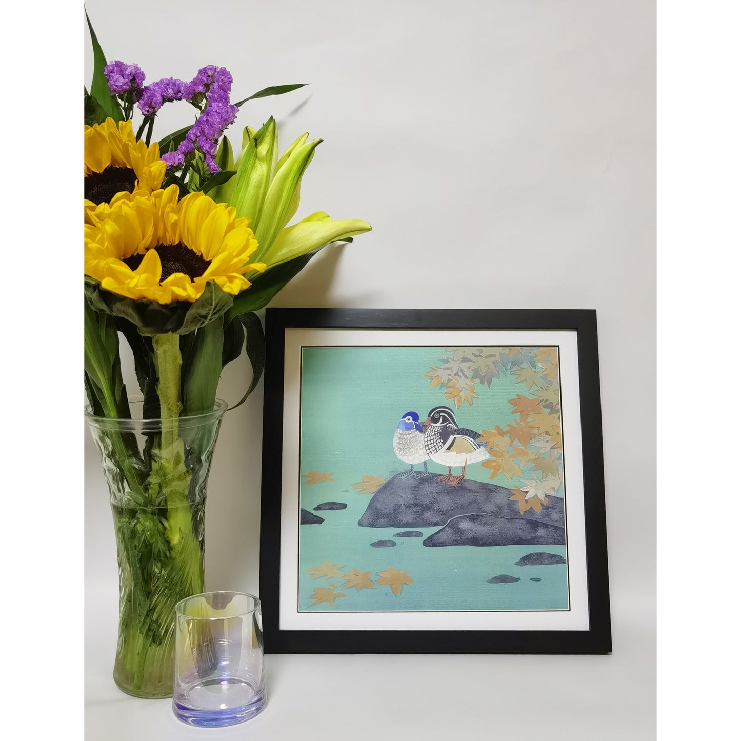 Hand-painted Mandarin Ducks Under Maple Tree – Watercolor Art Print, Premium MATT Paper, Natural Wood Frame, Custom Sizes & Colors