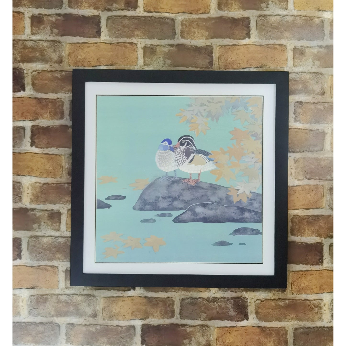 Hand-painted Mandarin Ducks Under Maple Tree – Watercolor Art Print, Premium MATT Paper, Natural Wood Frame, Custom Sizes & Colors