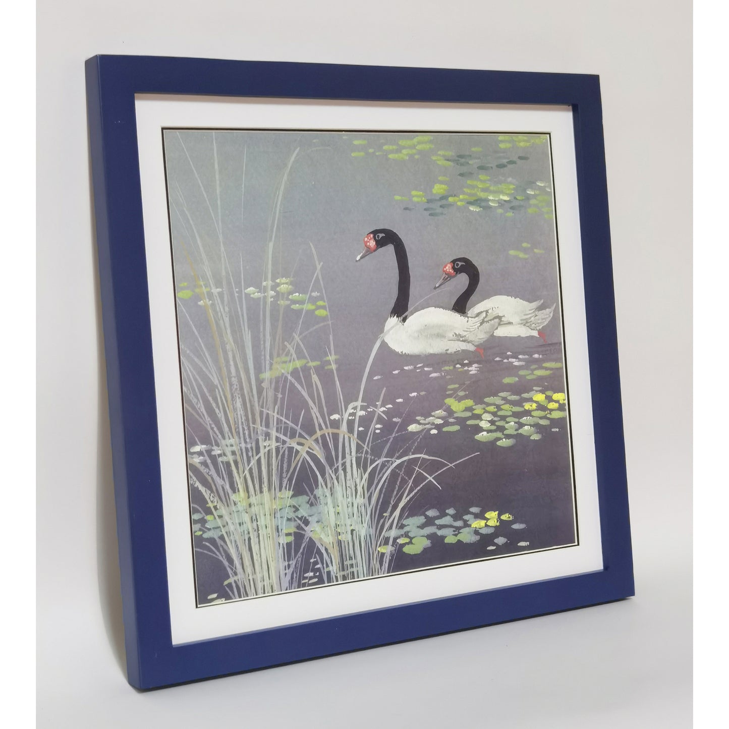 Hand-painted Black-necked Swans in Reed Bed Artwork – Watercolor Technique, Premium MATT Paper, Natural Wood Frame, Multiple Sizes & Colors