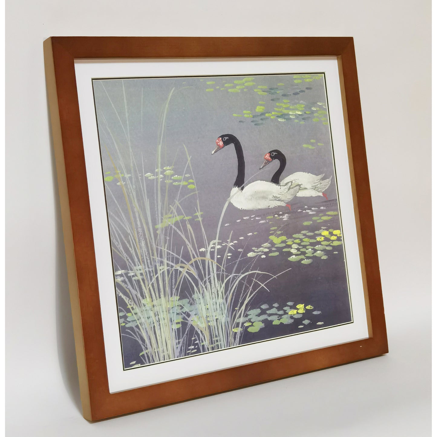 Hand-painted Black-necked Swans in Reed Bed Artwork – Watercolor Technique, Premium MATT Paper, Natural Wood Frame, Multiple Sizes & Colors