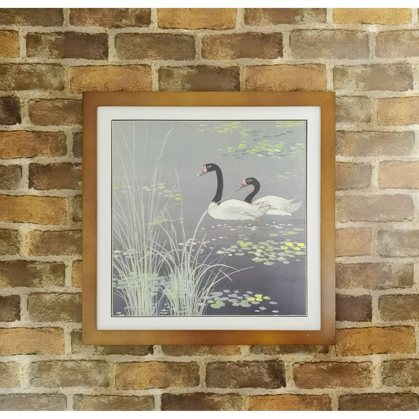 Hand-painted Black-necked Swans in Reed Bed Artwork – Watercolor Technique, Premium MATT Paper, Natural Wood Frame, Multiple Sizes & Colors