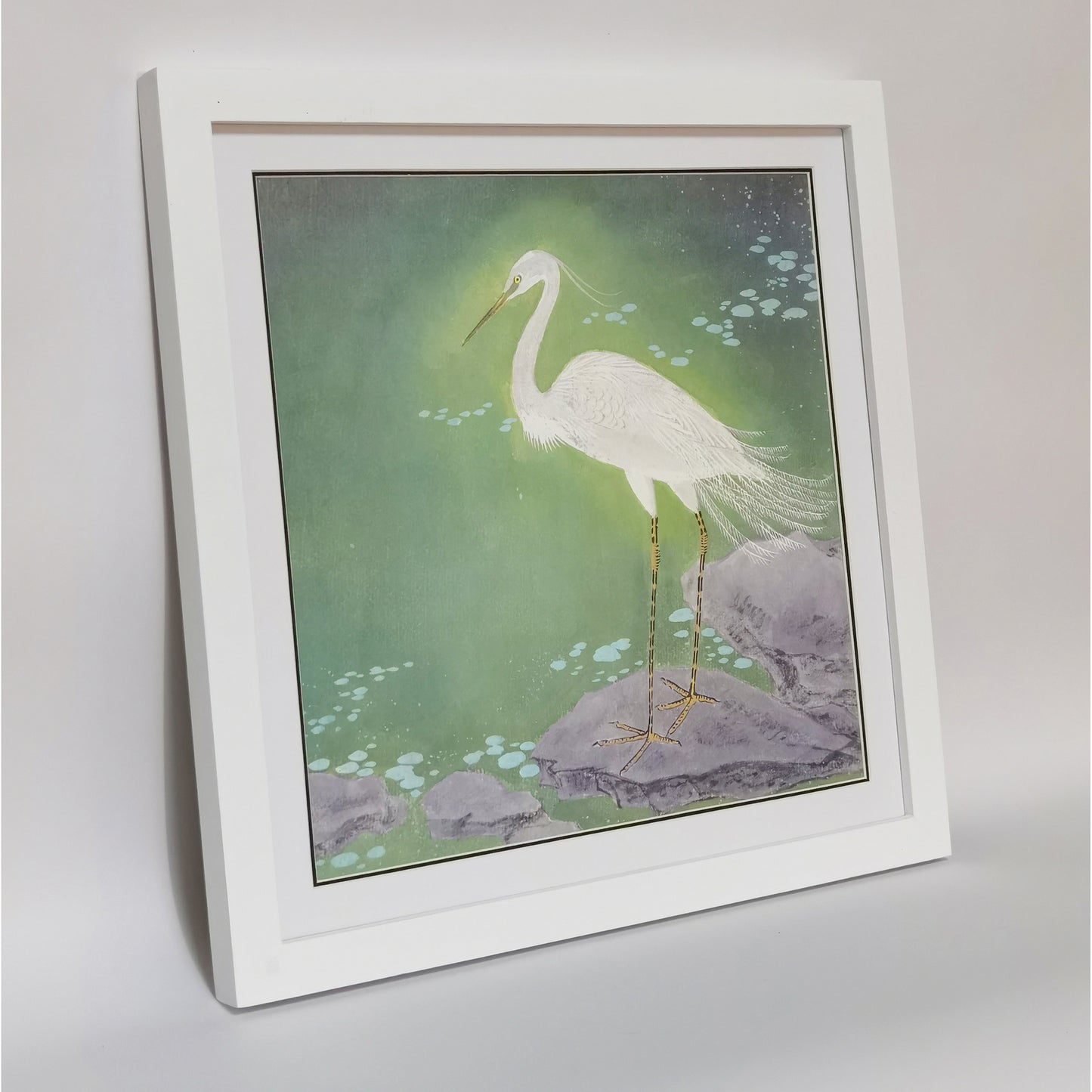 Hand-painted White Egret by Pond Artwork – Watercolor Technique, Premium MATT Paper, Natural Wood Frame, Multiple Sizes & Colors