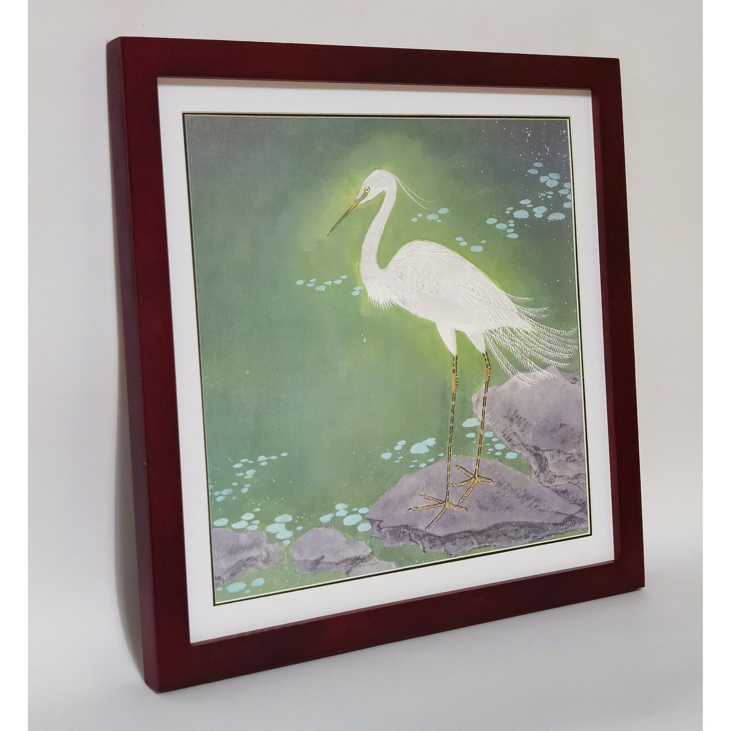 Hand-painted White Egret by Pond Artwork – Watercolor Technique, Premium MATT Paper, Natural Wood Frame, Multiple Sizes & Colors