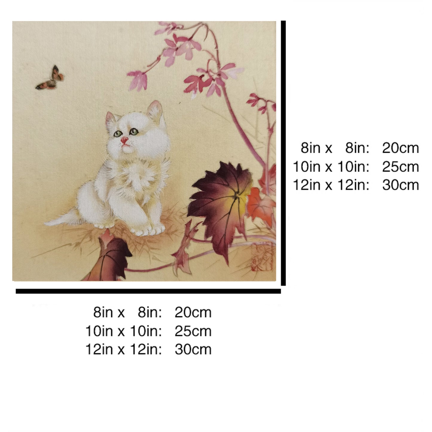 Hand-painted White Cat Staring at Butterfly Art Print – Premium MATT Paper, Natural Wood Frame, Multiple Sizes & Colors