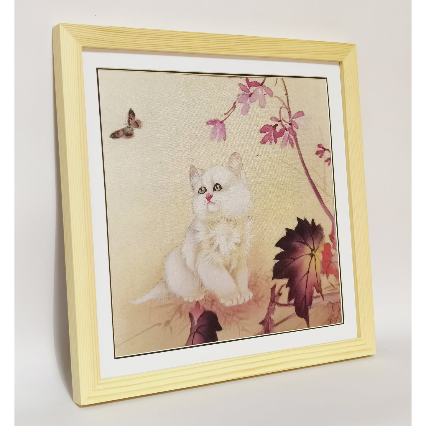 Hand-painted White Cat Staring at Butterfly Art Print – Premium MATT Paper, Natural Wood Frame, Multiple Sizes & Colors
