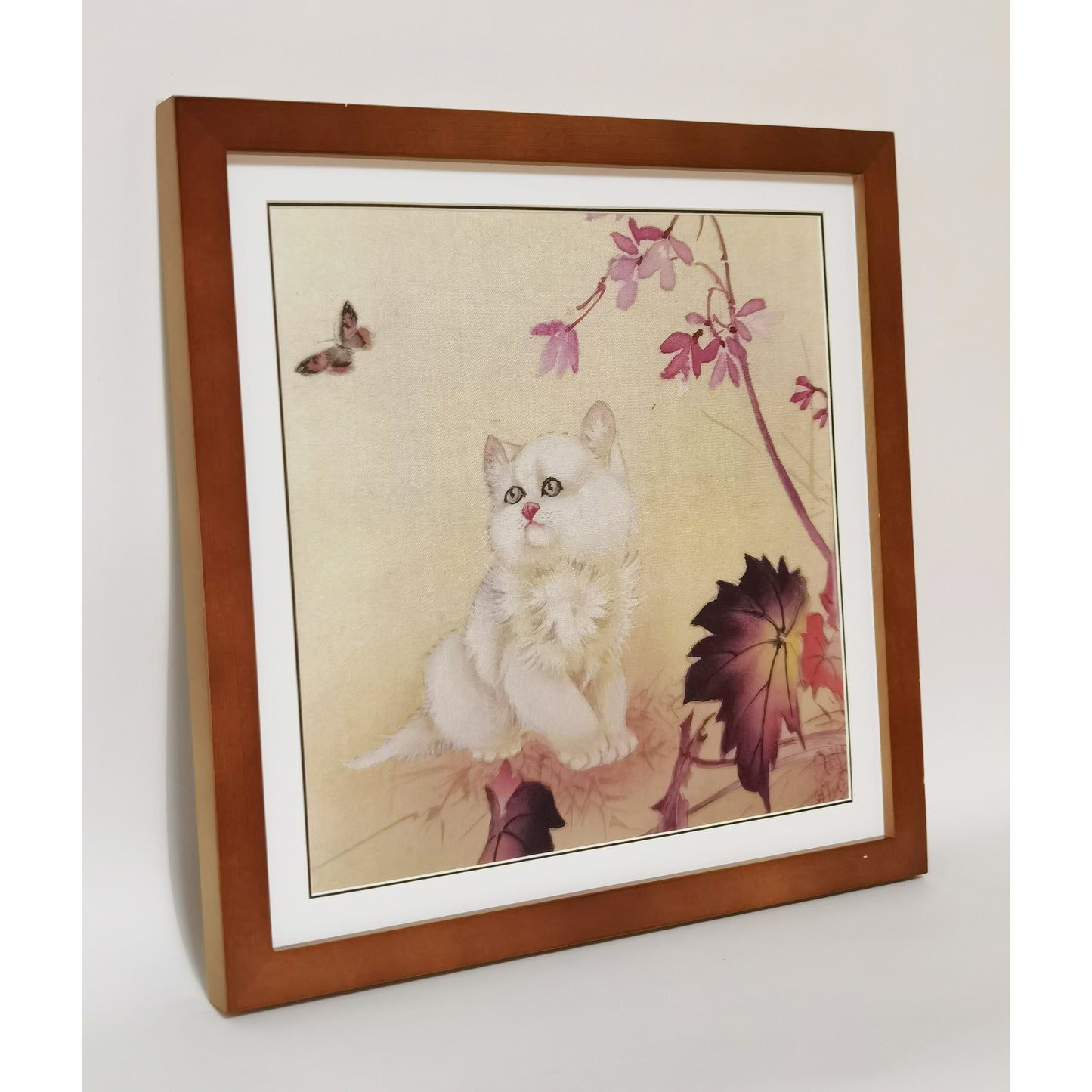 Hand-painted White Cat Staring at Butterfly Art Print – Premium MATT Paper, Natural Wood Frame, Multiple Sizes & Colors