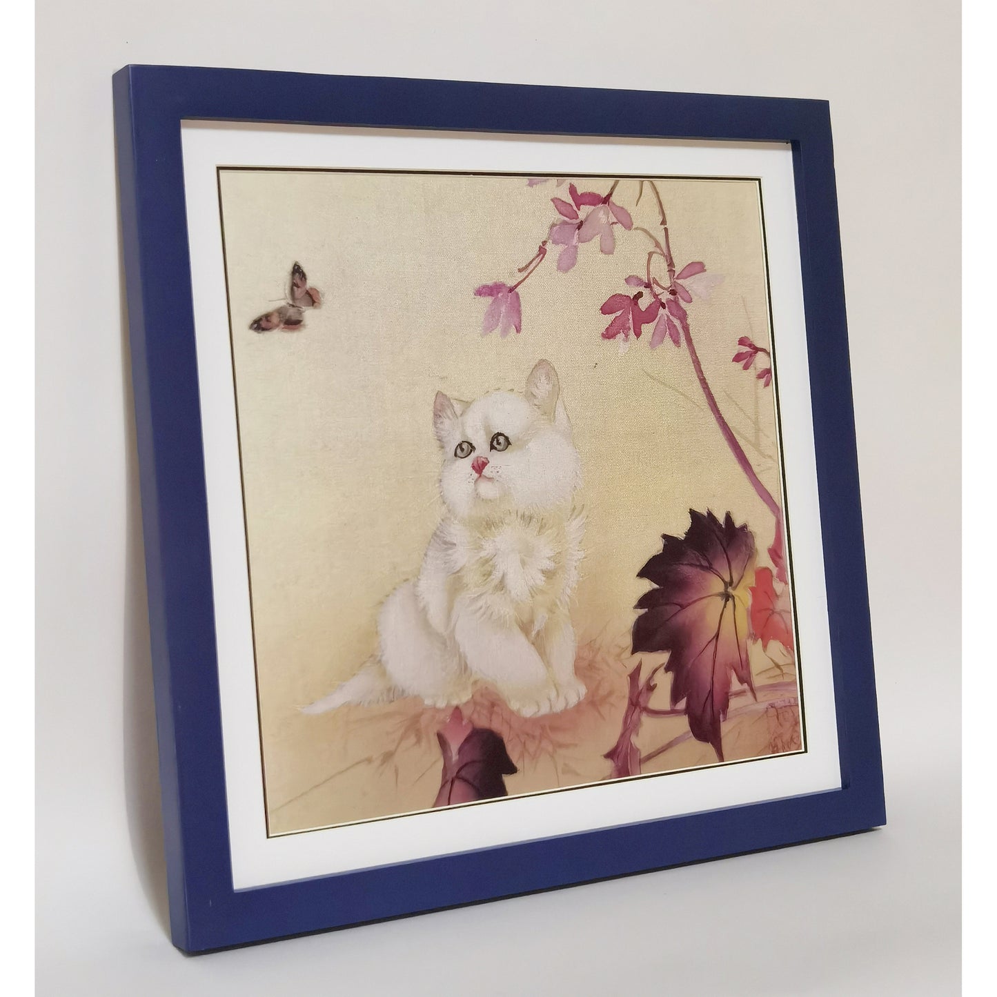 Hand-painted White Cat Staring at Butterfly Art Print – Premium MATT Paper, Natural Wood Frame, Multiple Sizes & Colors