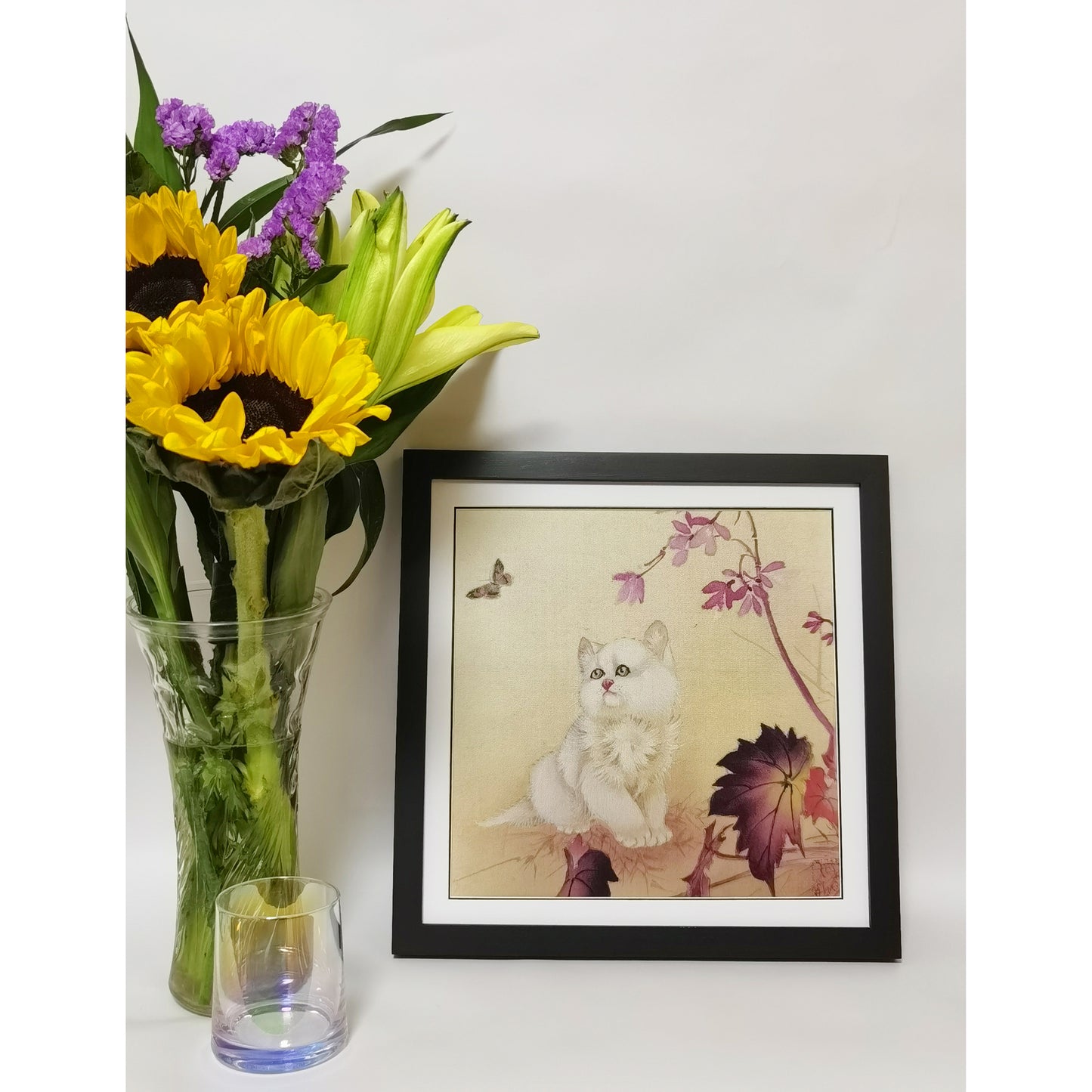 Hand-painted White Cat Staring at Butterfly Art Print – Premium MATT Paper, Natural Wood Frame, Multiple Sizes & Colors