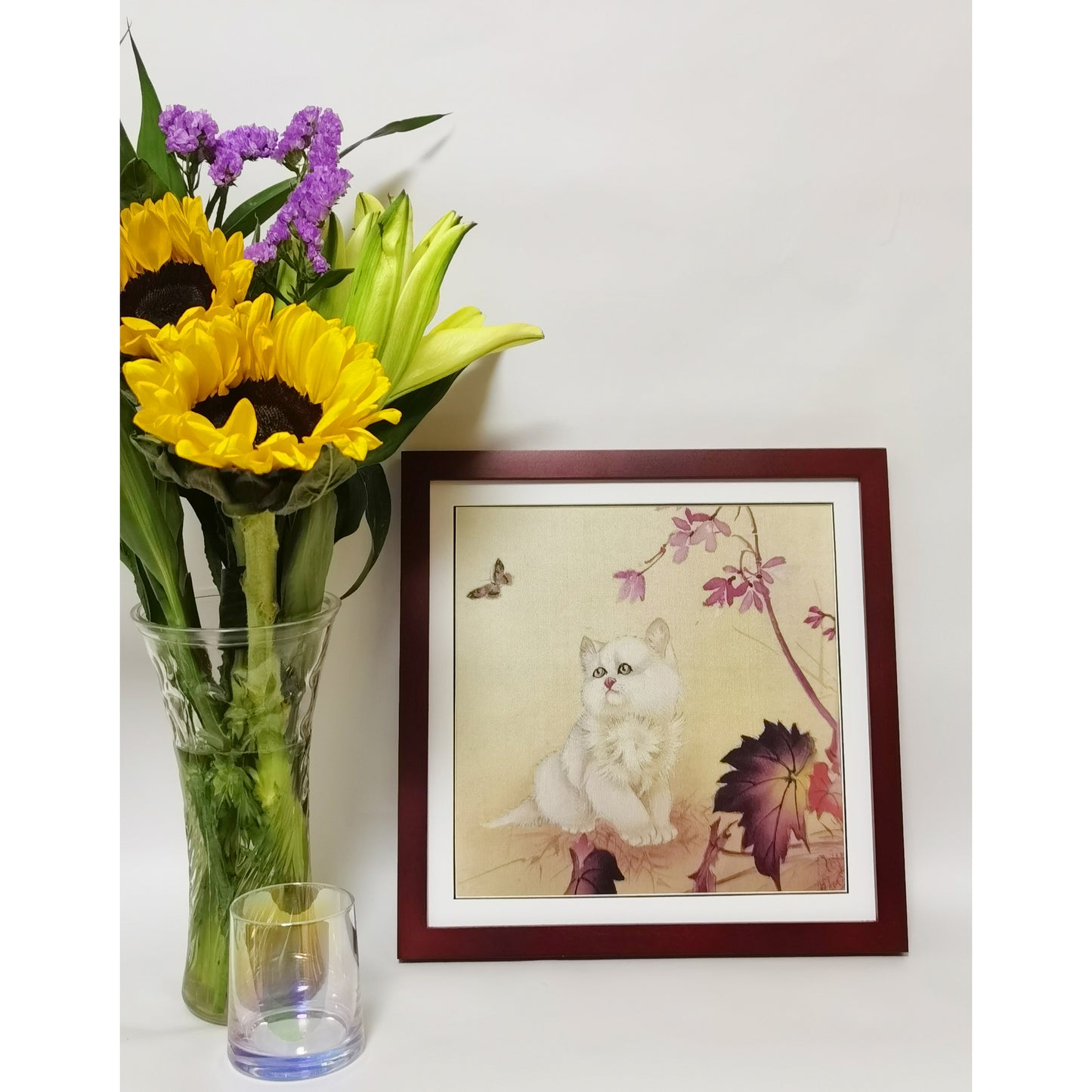 Hand-painted White Cat Staring at Butterfly Art Print – Premium MATT Paper, Natural Wood Frame, Multiple Sizes & Colors
