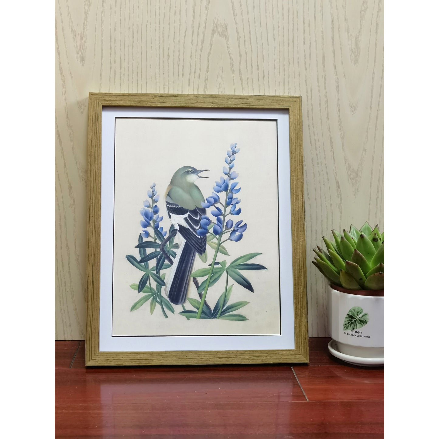 Texas Mockingbird Hand-painted Art Print - Premium MATT Paper, Natural Wood Frame, Multiple Sizes & Colors, Wall & Tabletop Décor