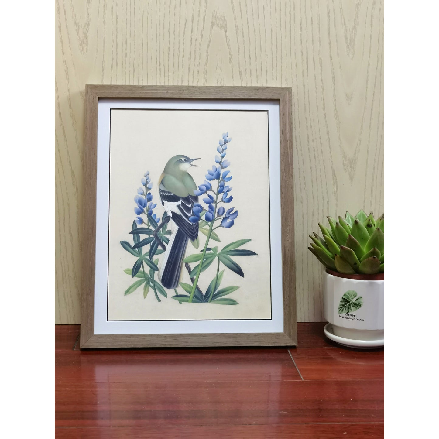 Texas Mockingbird Hand-painted Art Print - Premium MATT Paper, Natural Wood Frame, Multiple Sizes & Colors, Wall & Tabletop Décor